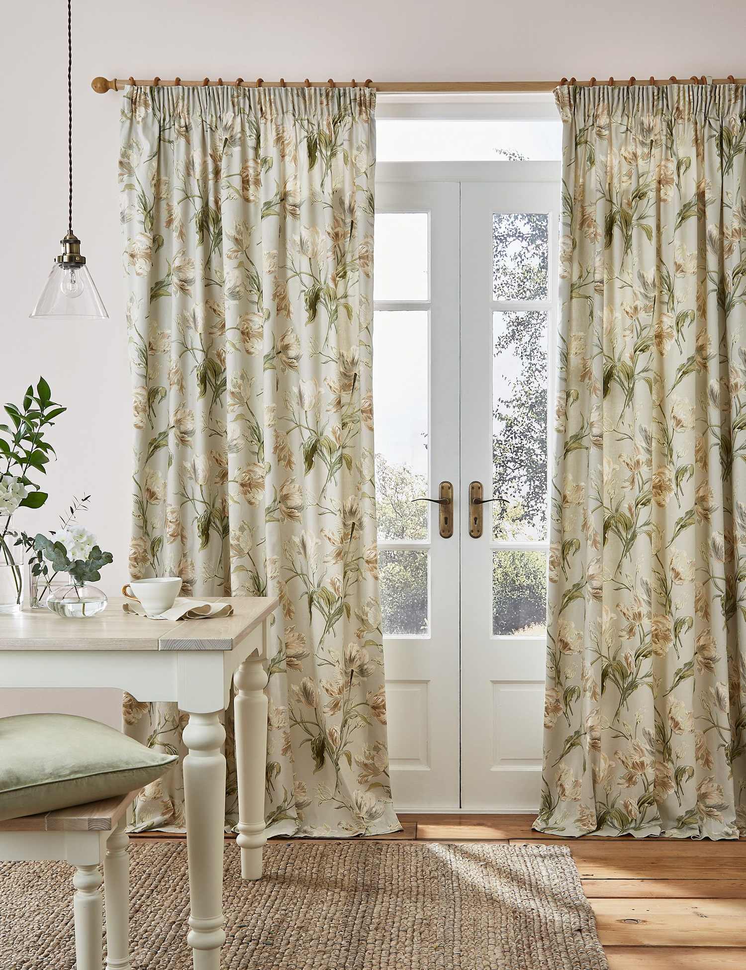 Laura Ashley Gosford Pure Cotton Pencil Pleat Curtains Green Mix
