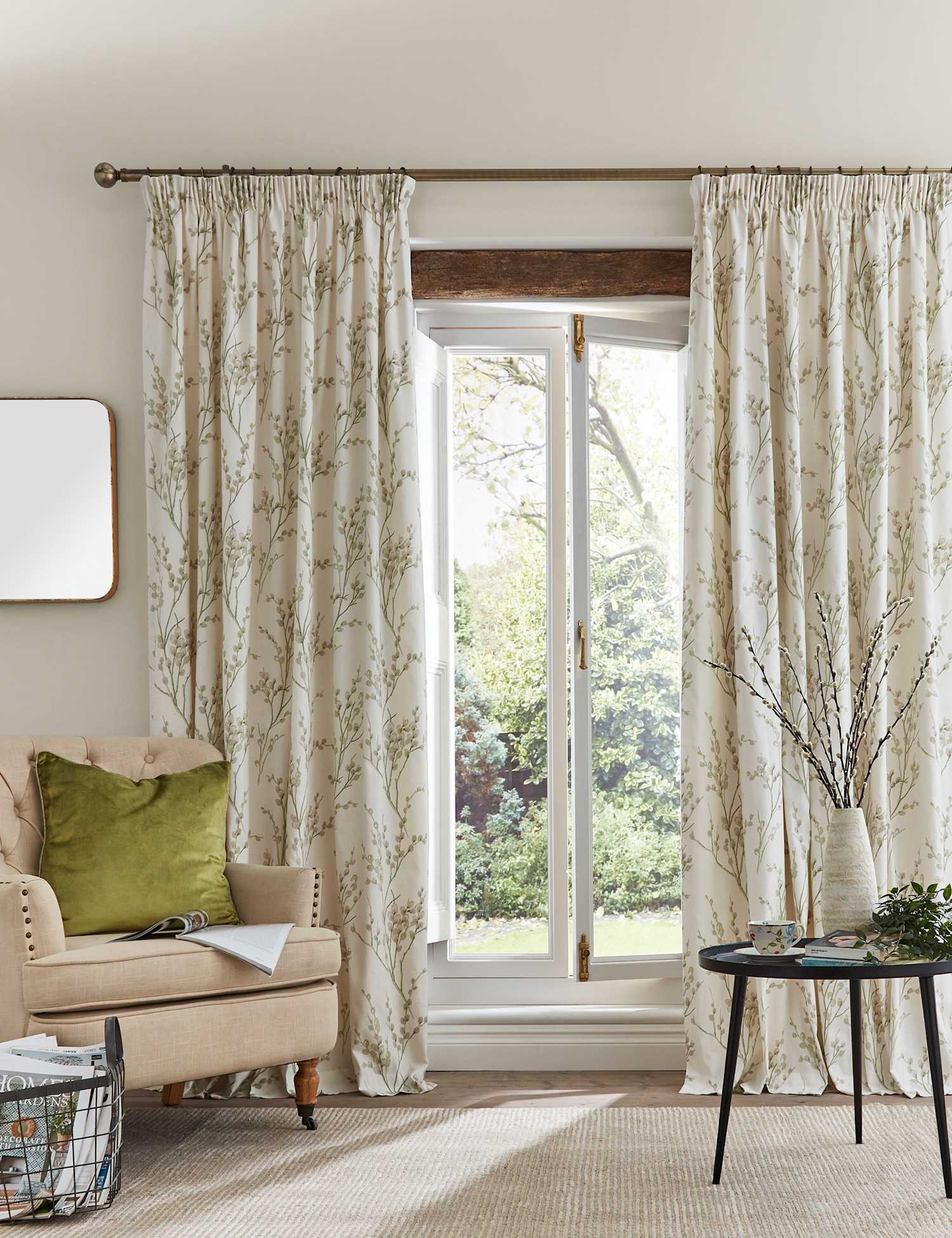 Laura Ashley Pussy Willow Pure Cotton Pencil Pleat Curtains Green Mix