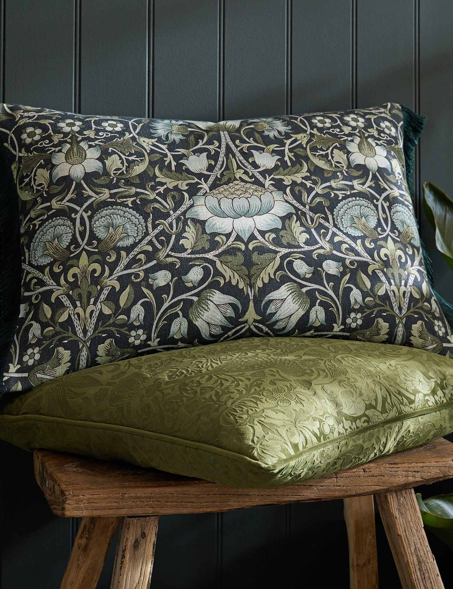William Morris At Home Velvet Strawberry Thief Cushion Dark Green