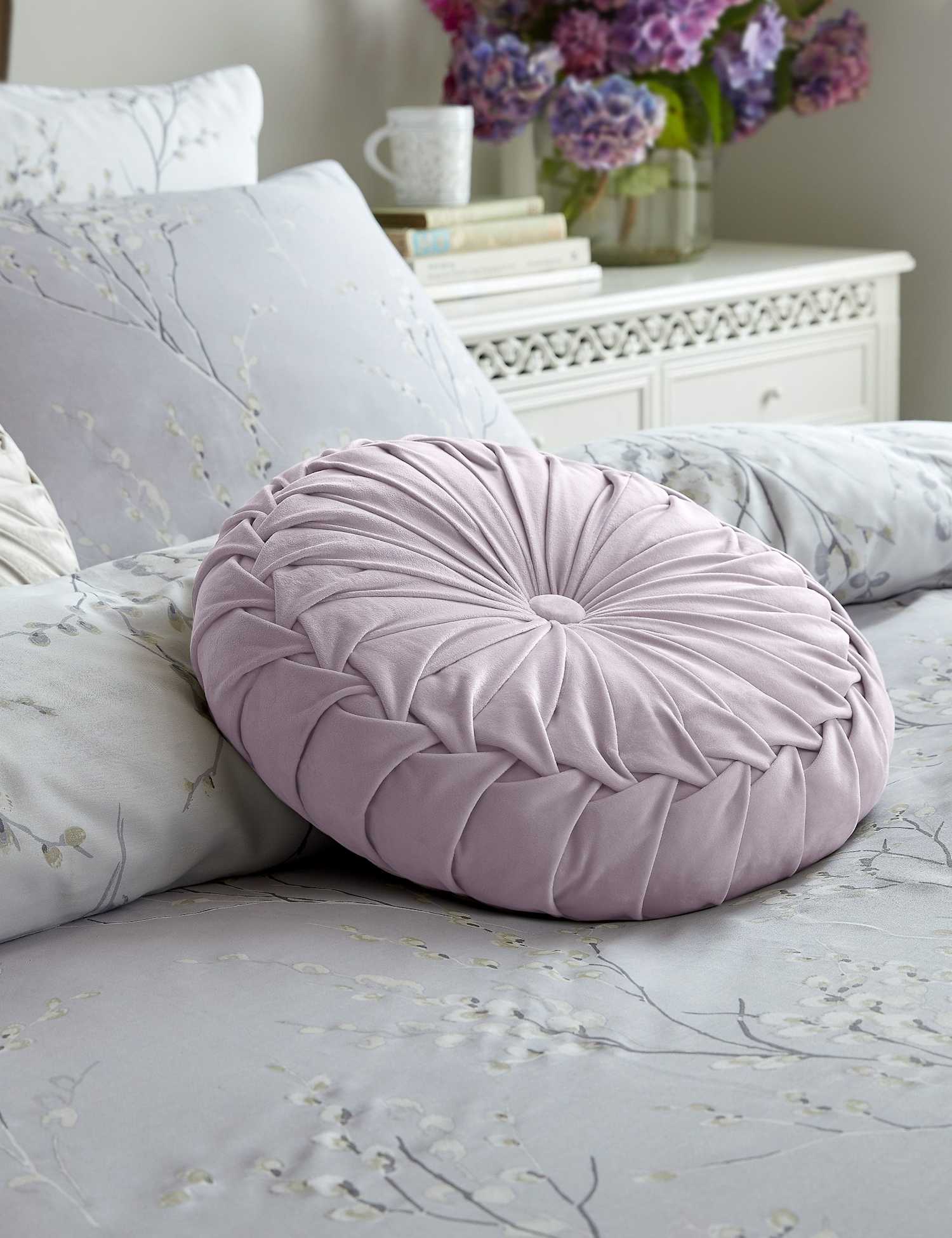 Laura Ashley Rosanna Velvet Round Pleated Cushion Light Purple