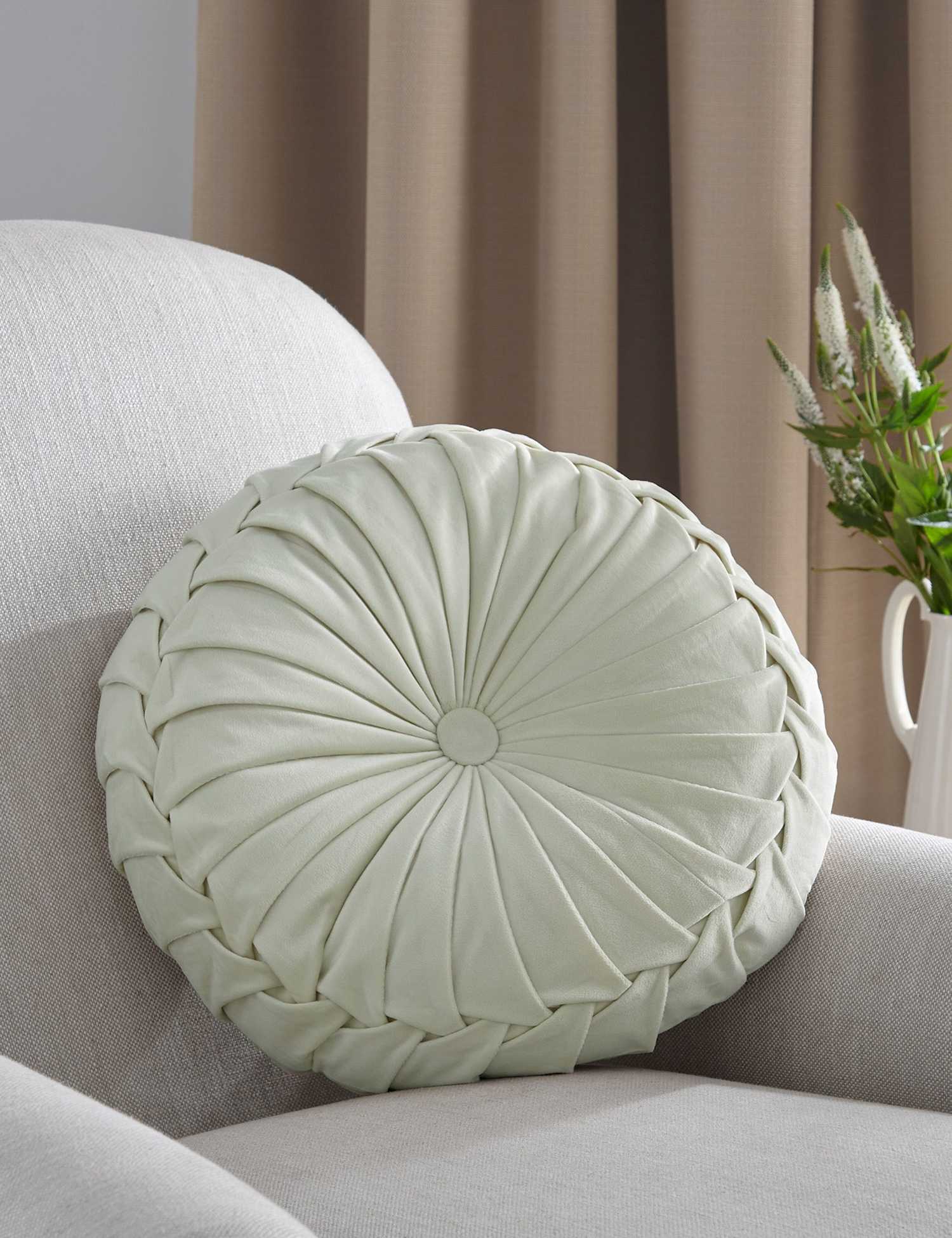 Laura Ashley Rosanna Velvet Round Pleated Cushion Light Green