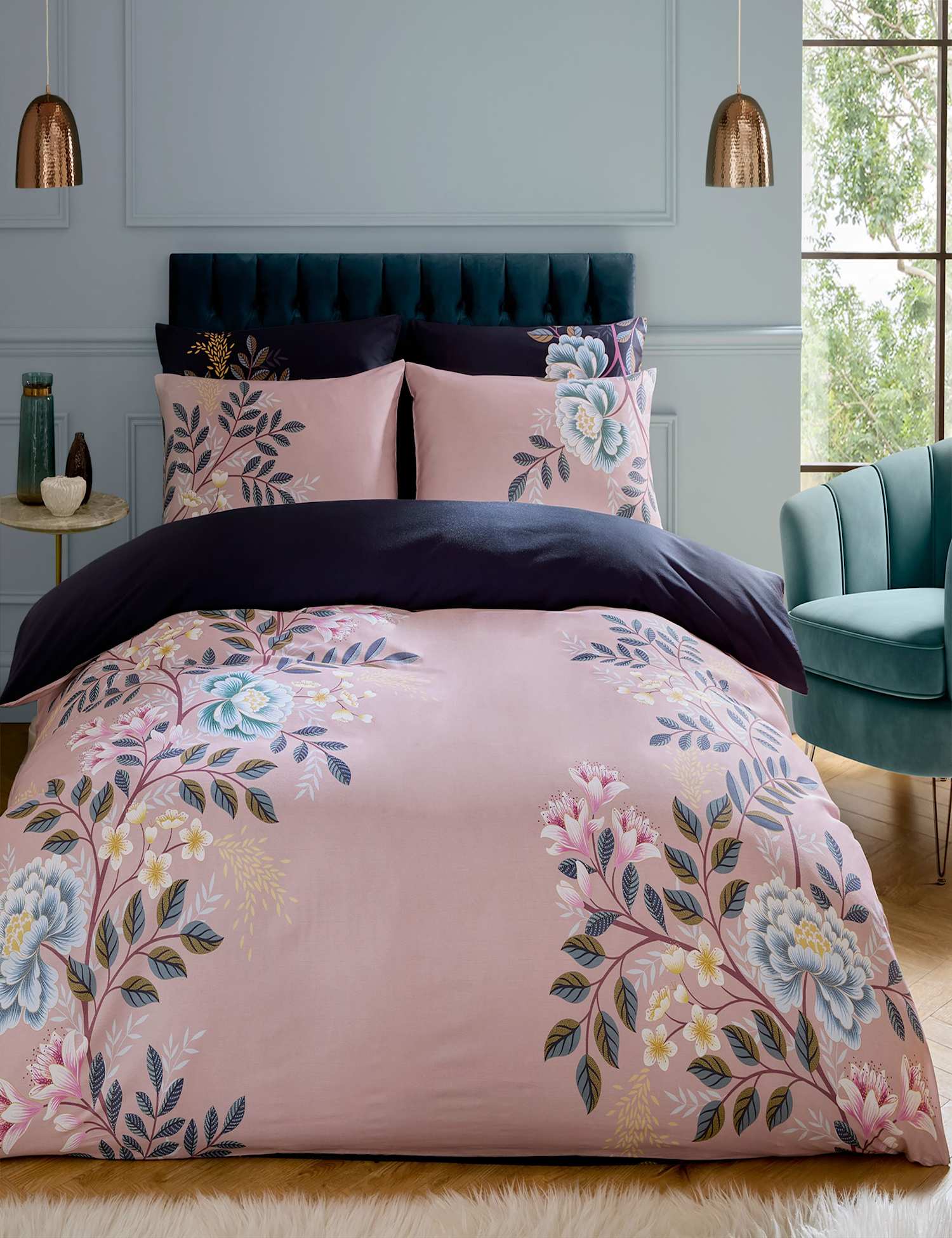Sara Miller Pure Cotton Sateen Oriental Blossom Bedding Set Navy Mix