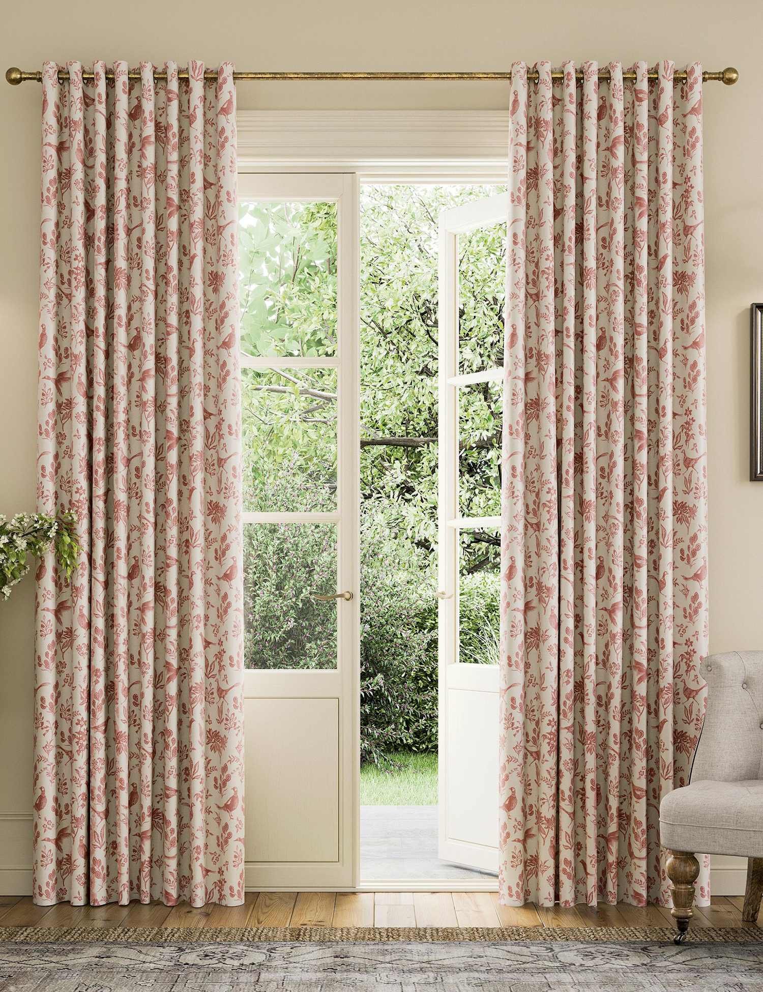 Joules Festival Pheasants Pure Cotton Eyelet Blackout Curtains Cream Mix