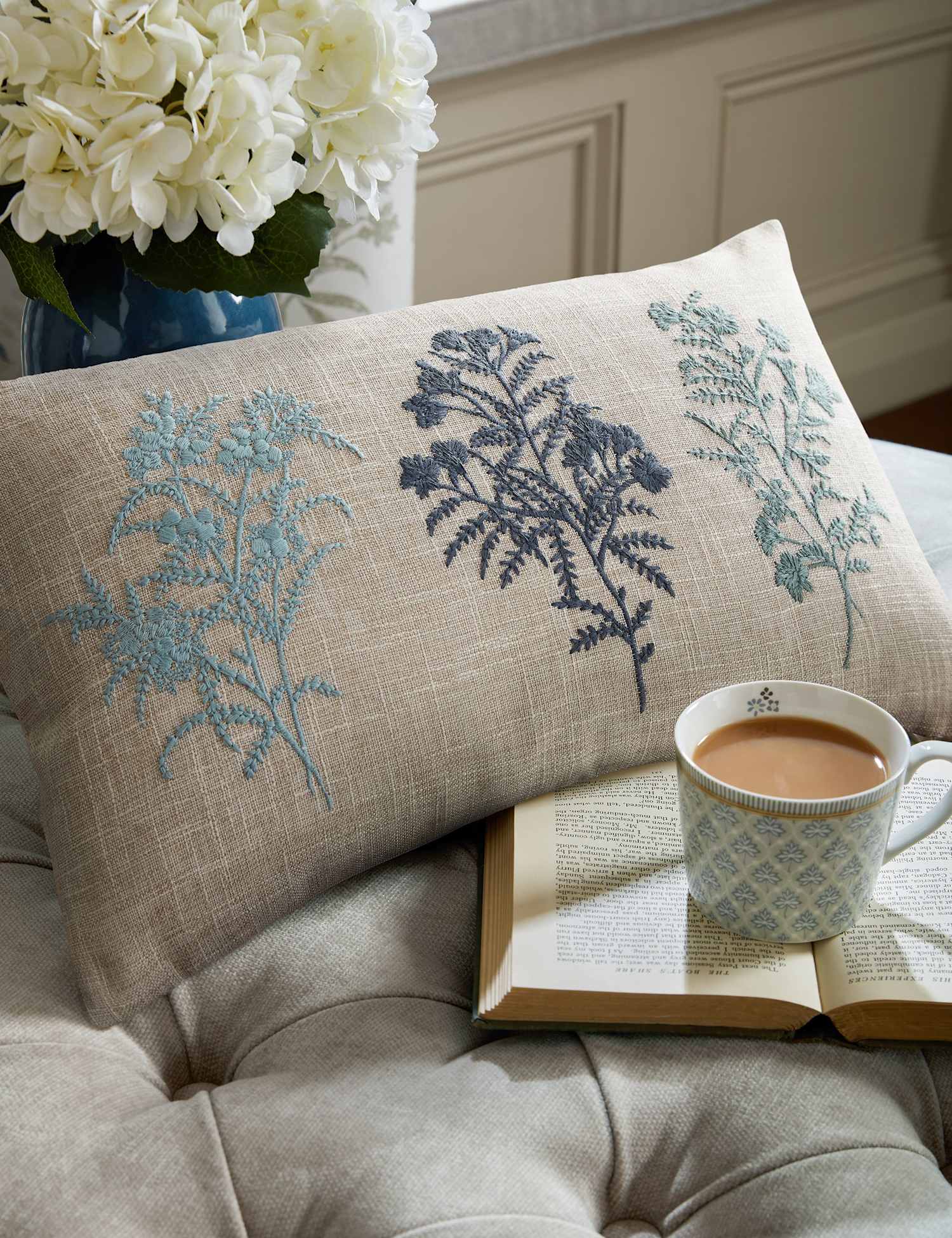 Laura Ashley Tenby Floral Embroidered Bolster Cushion Blue Mix
