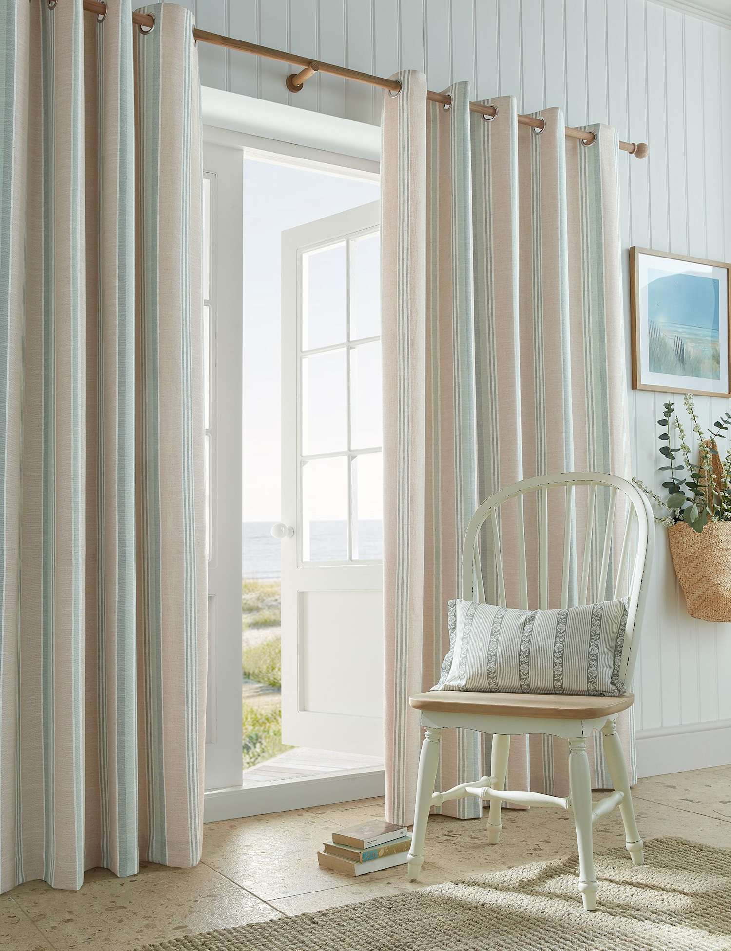 Laura Ashley Wickham Cotton Rich Striped Eyelet Curtains Natural Mix