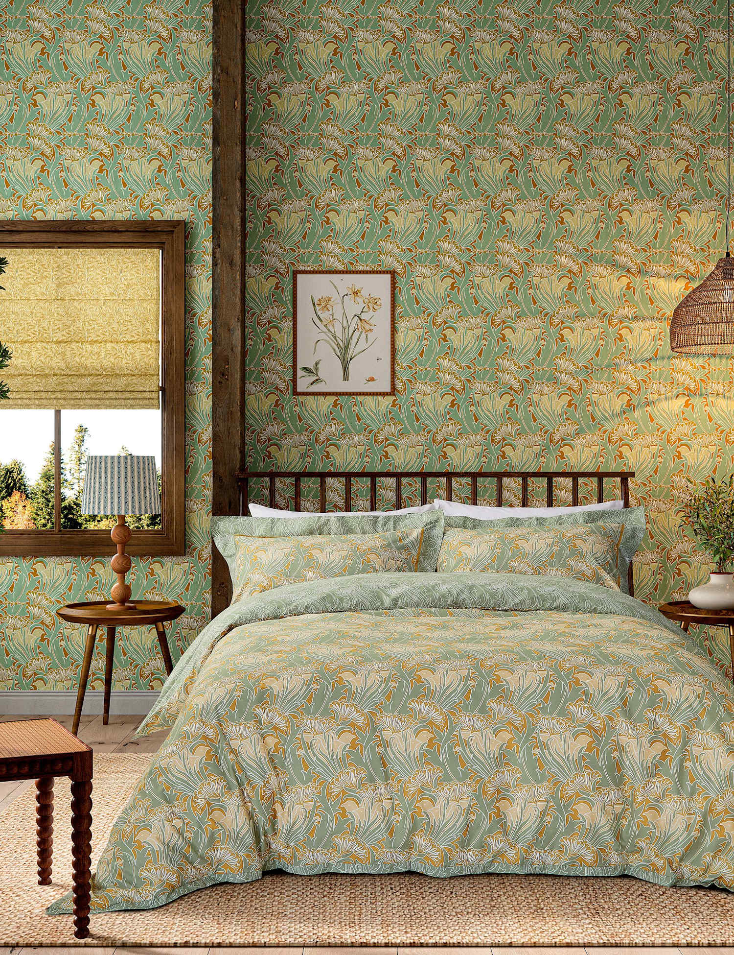 Morris & Co Pure Cotton Laceflower Bedding Set Aqua Mix