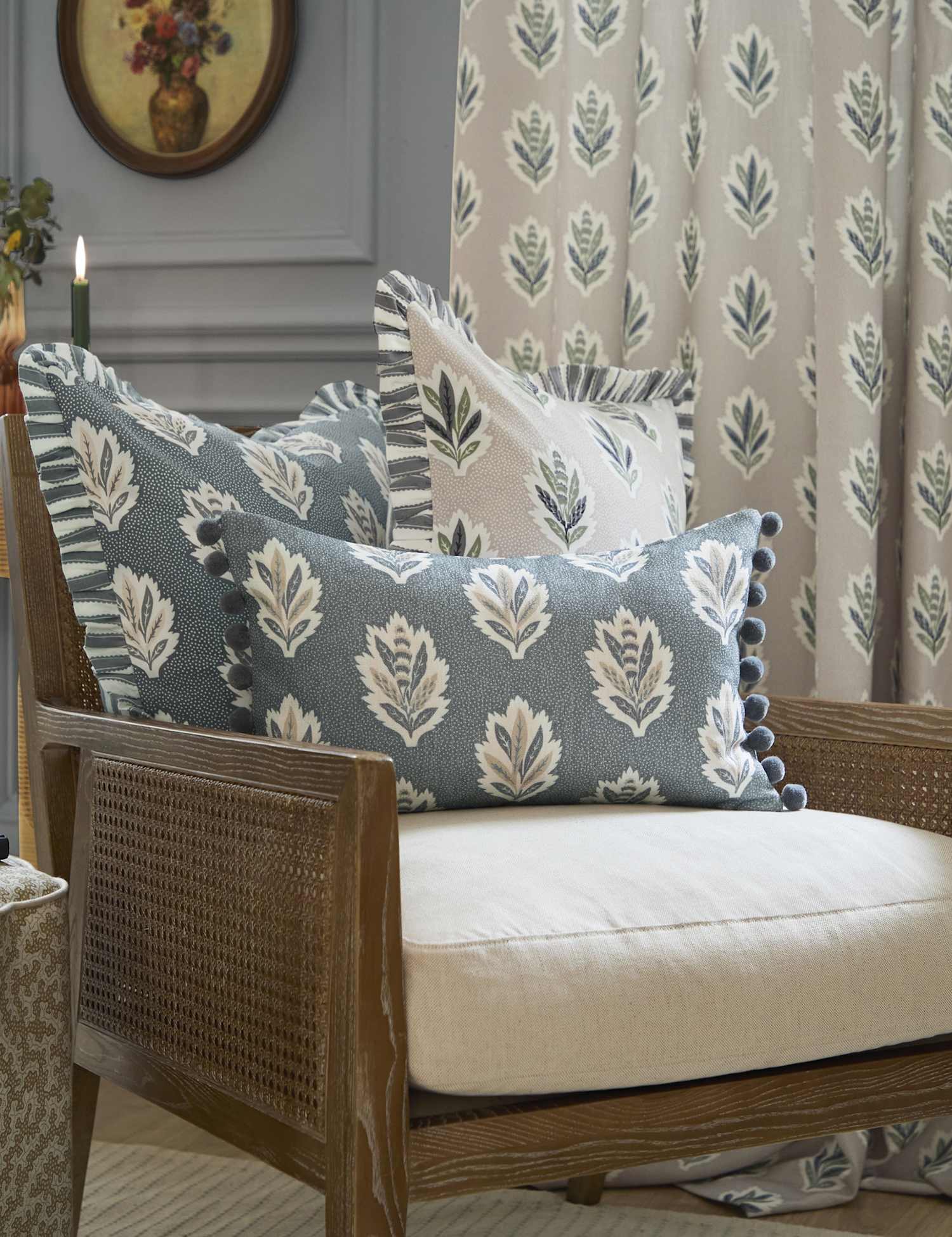 Sanderson Sessile Leaf Striped Pom Pom Cushion Blue Mix