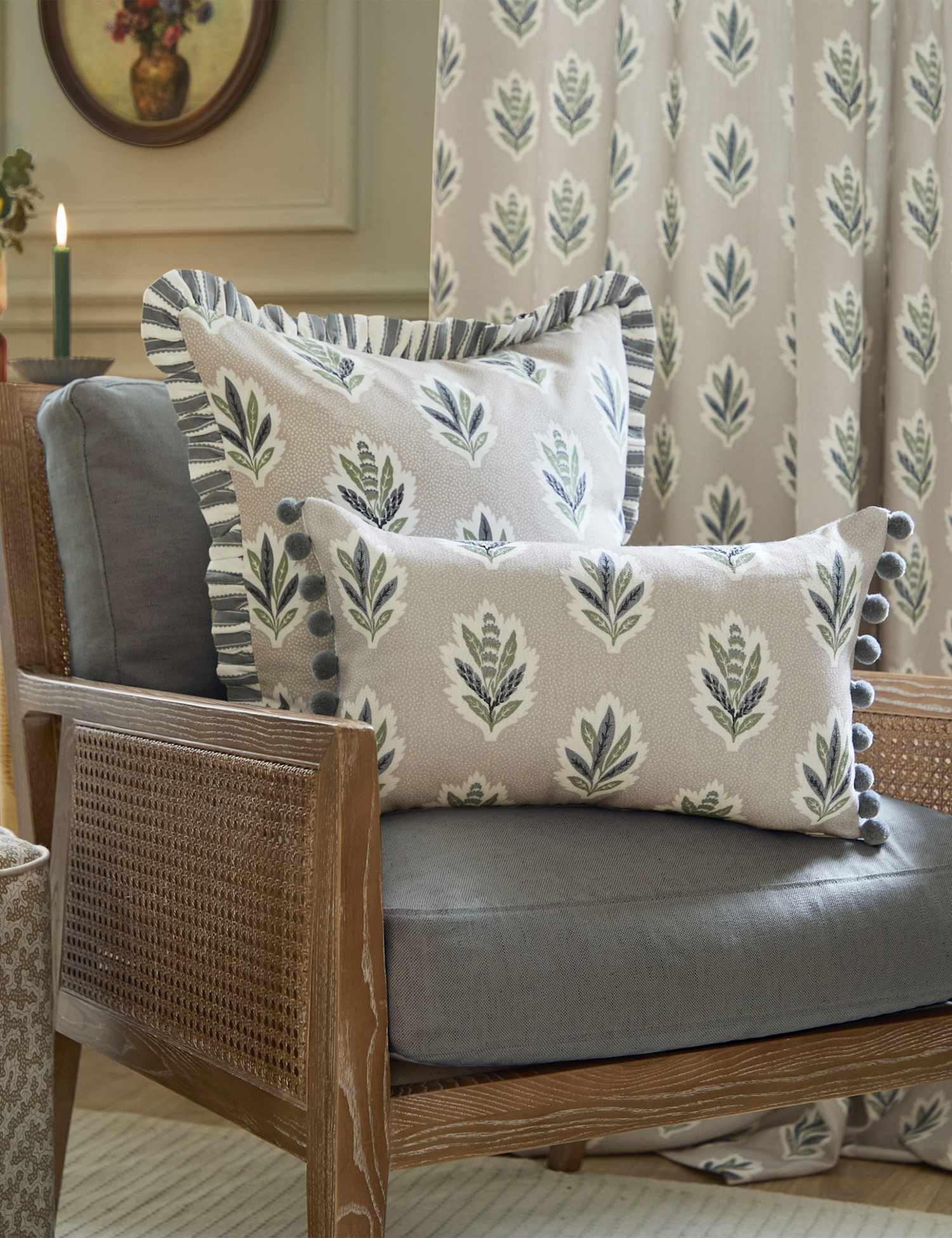 Sanderson Sessile Leaf Striped Pom Pom Cushion Natural Mix