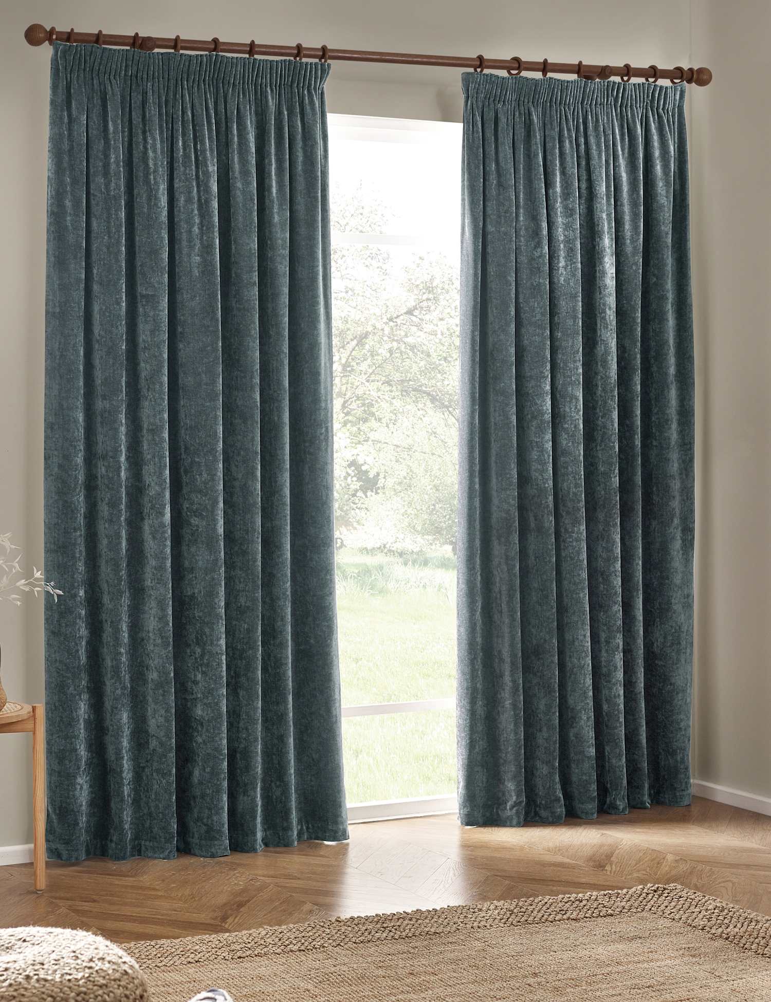YARD Chenille Velvet Pencil Pleat Curtains Blue