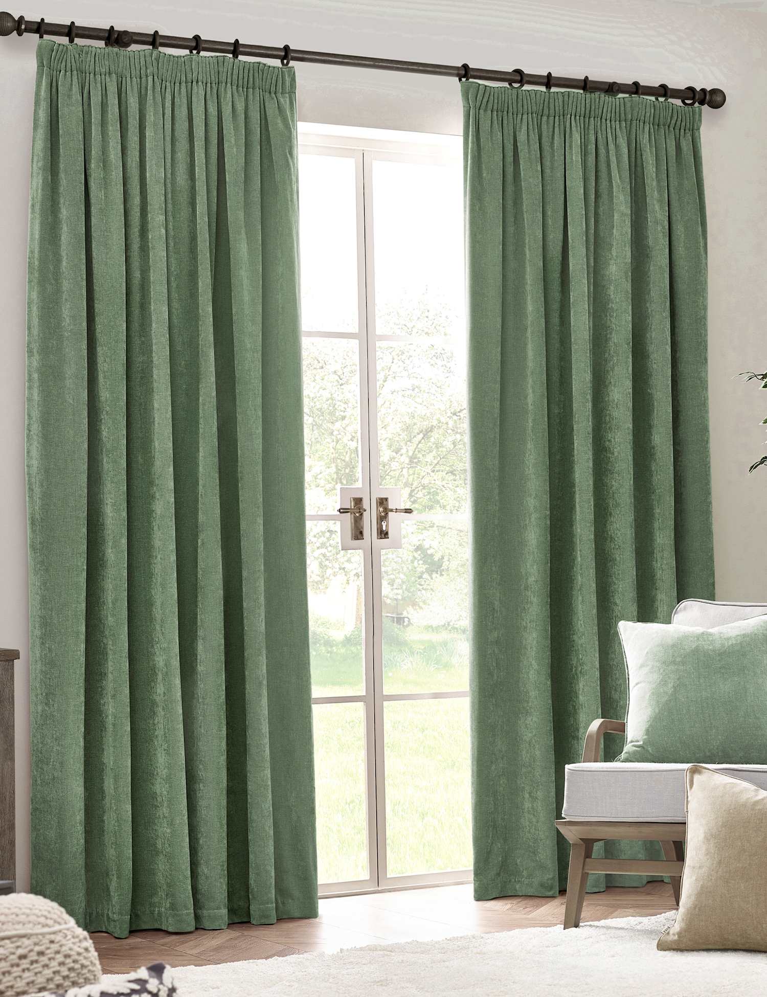YARD Chenille Velvet Pencil Pleat Curtains Light Green