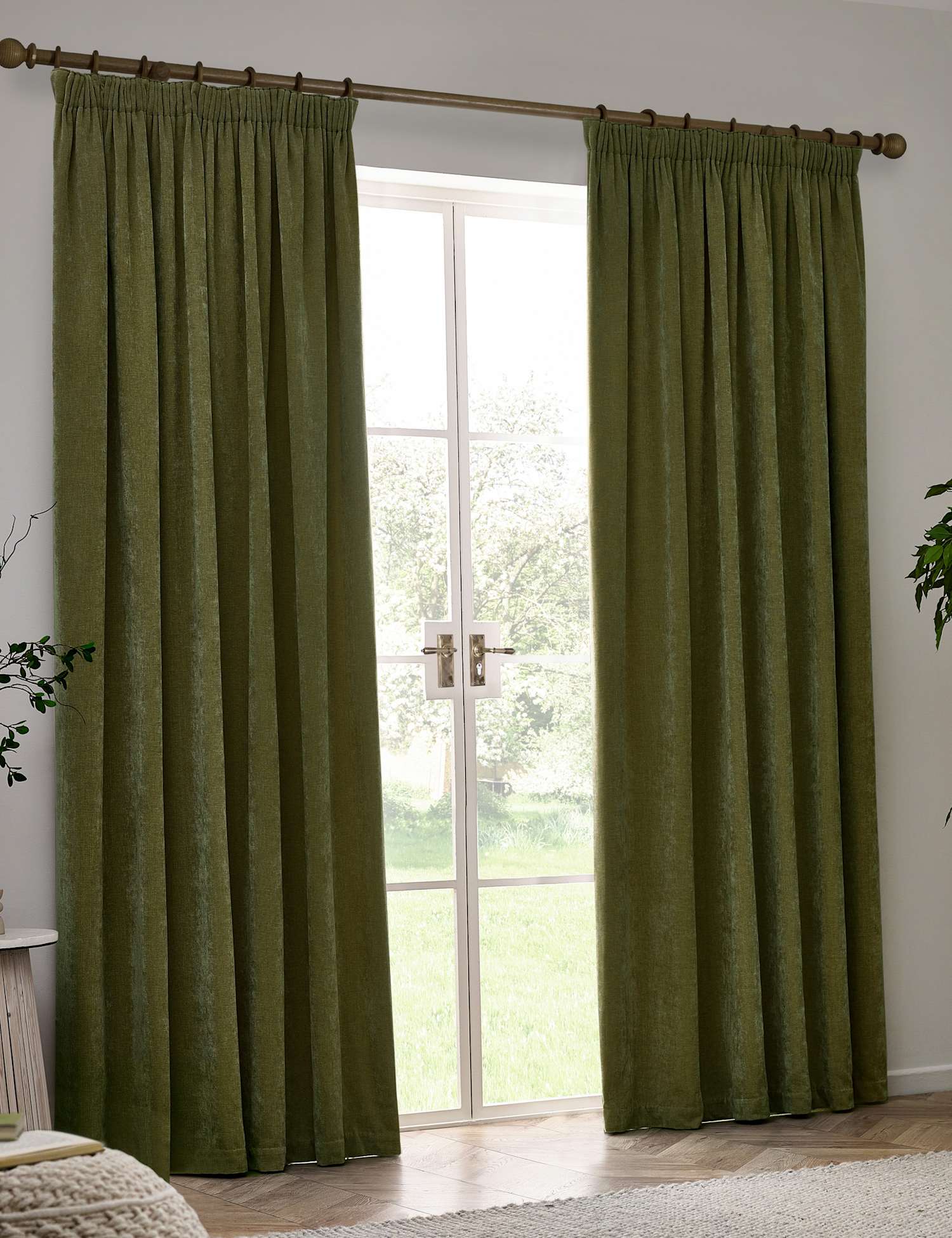 YARD Chenille Velvet Pencil Pleat Curtains Olive