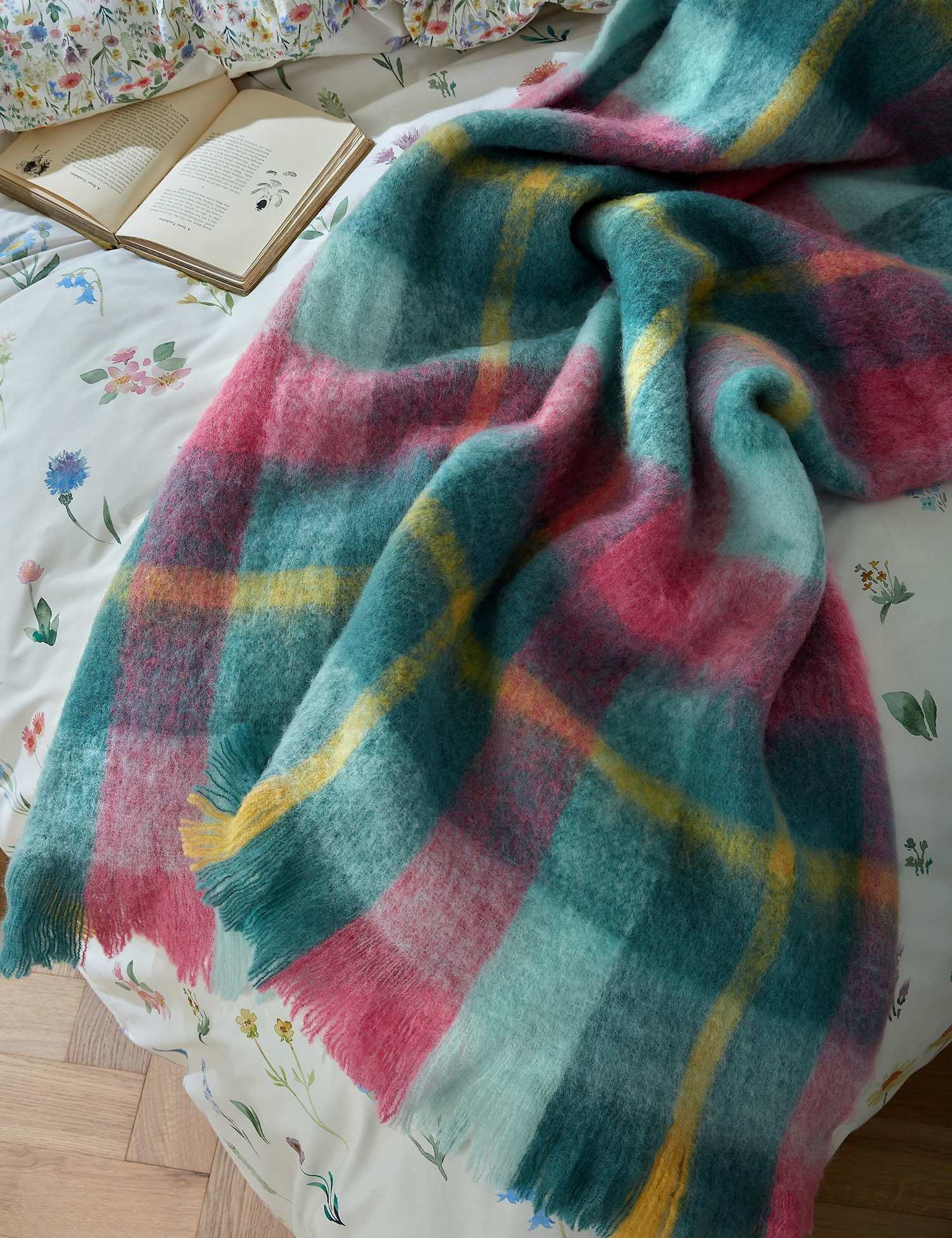 Bluebellgrey Wool Blend Highland Check Throw Pink Mix