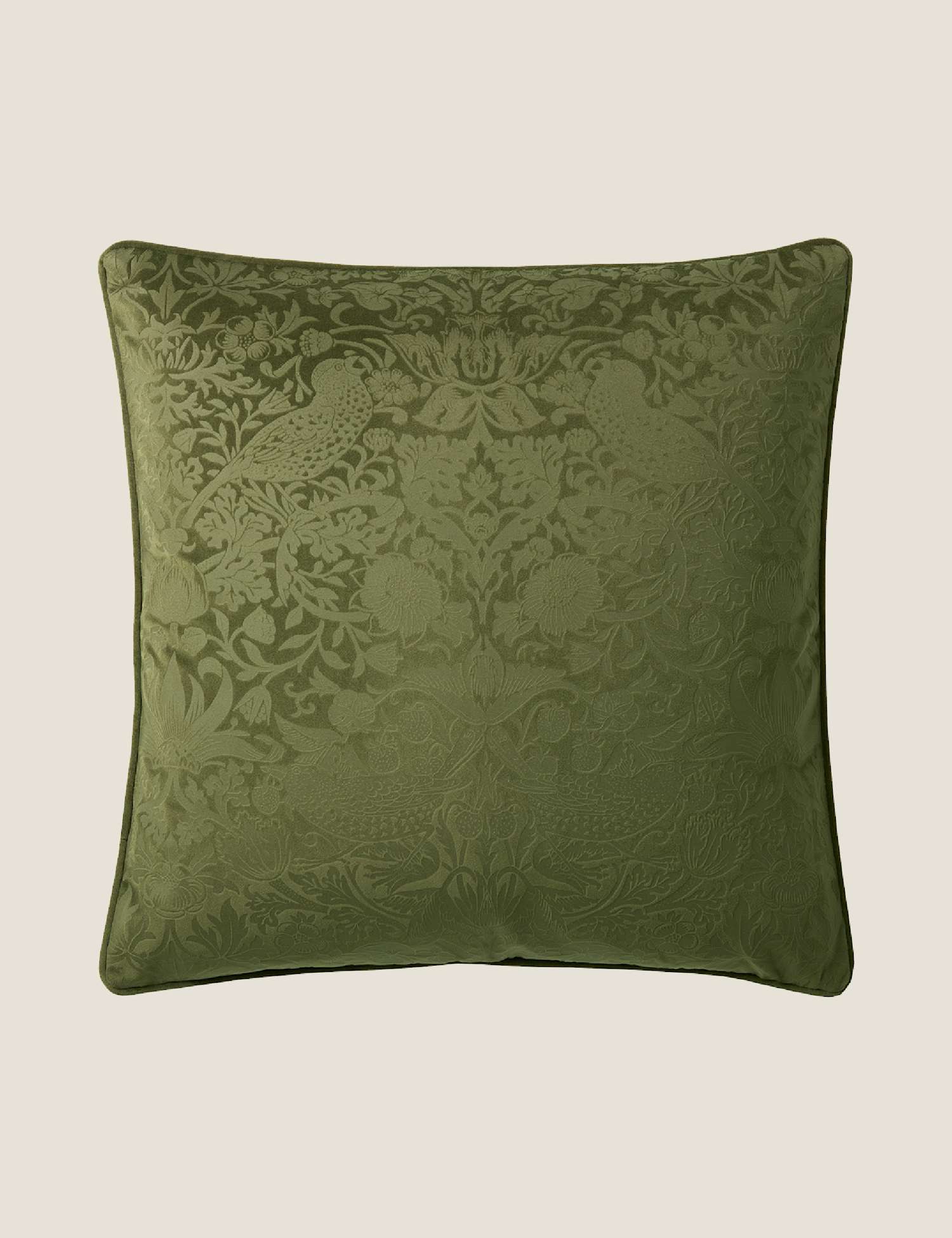 William Morris At Home Velvet Strawberry Thief Cushion Dark Olive