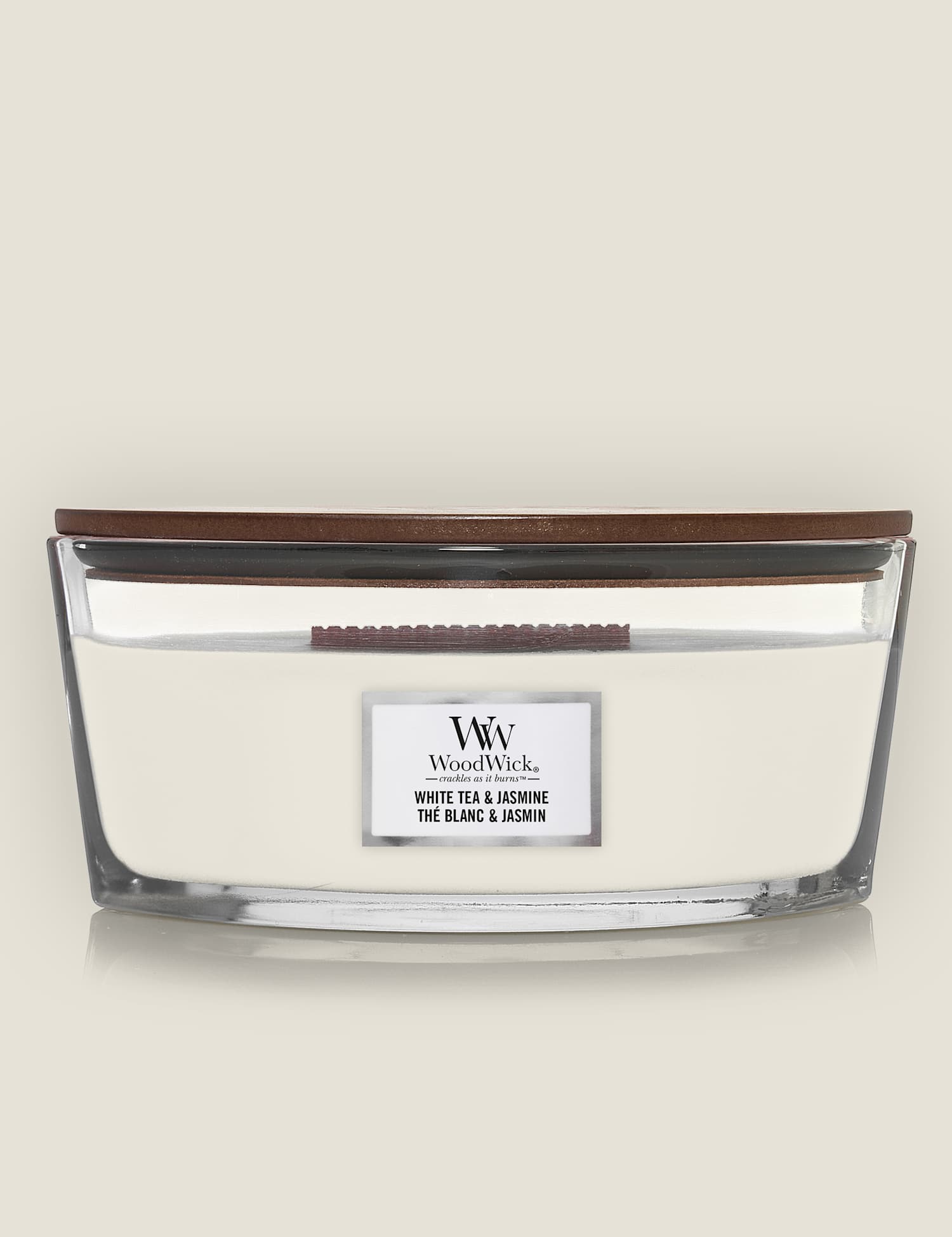 Woodwick White Tea & Jasmine Scented Candle with Crackle Wick White