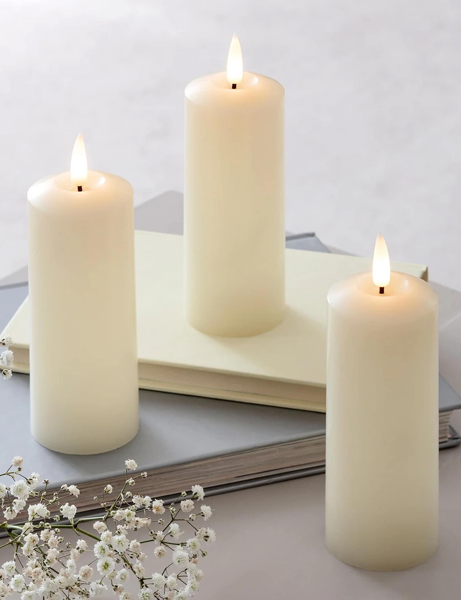 Lights4fun Set of 3 TruGlow� Skinny Pillar LED Candles Ivory