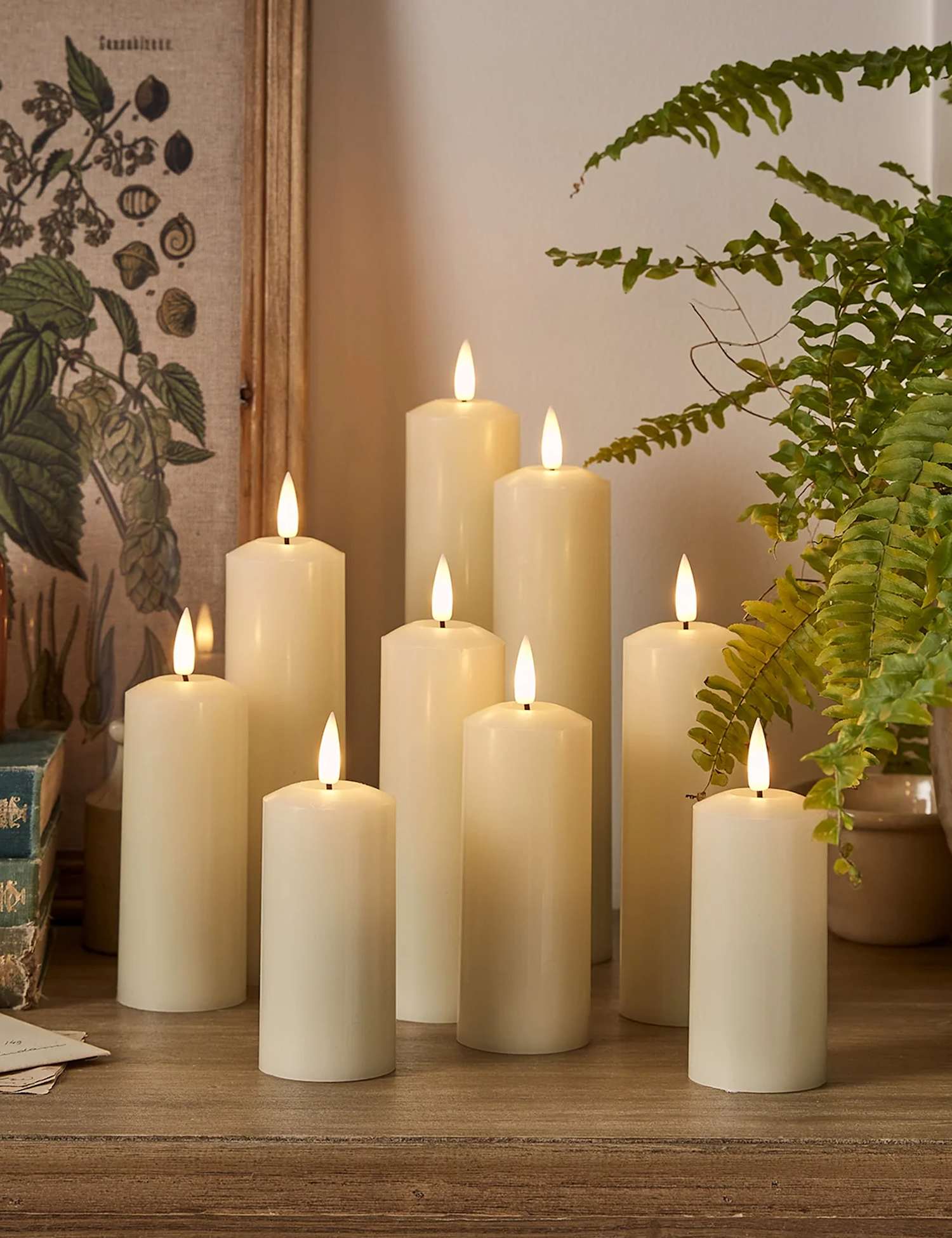 Lights4fun Set of 9 TruGlow� Slim Pillar LED Candles Ivory