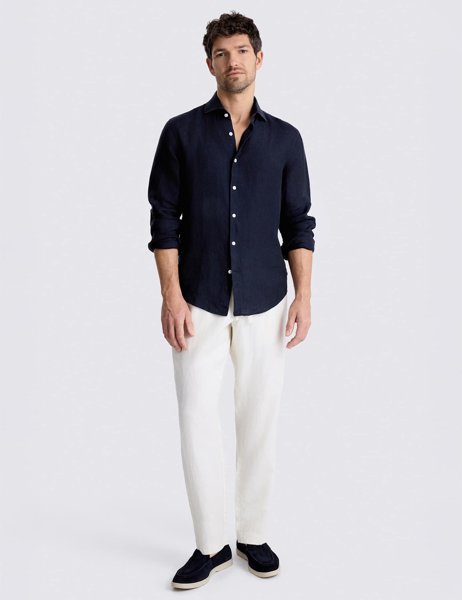 MOSS Tailored Fit Pure Linen Shirt Navy