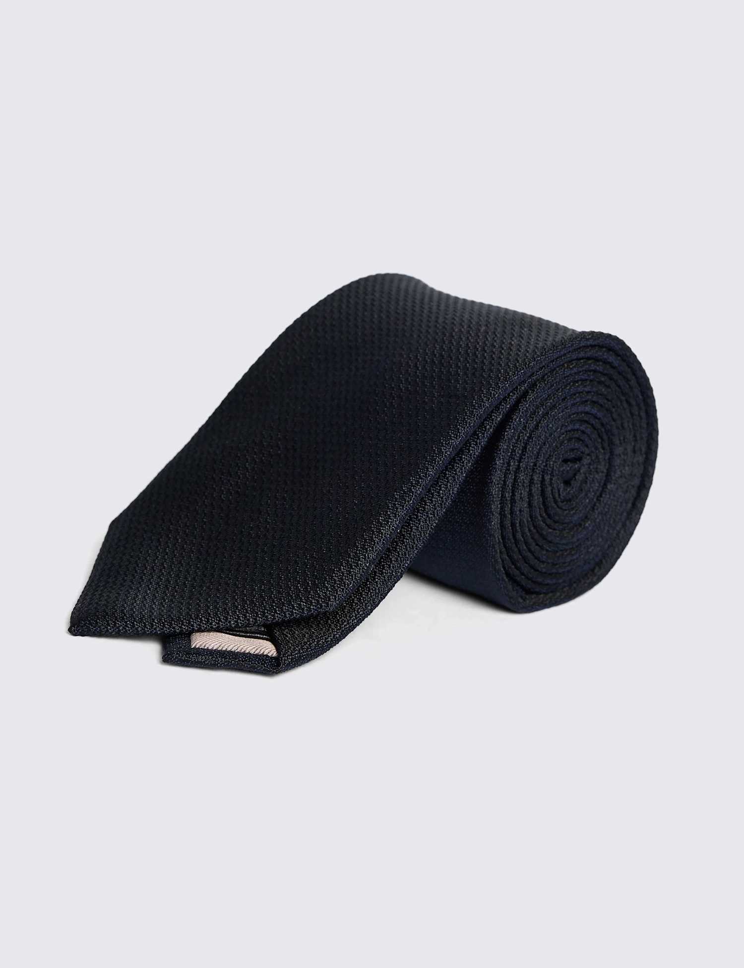 MOSS Woven Textured Pure Silk Tie Navy