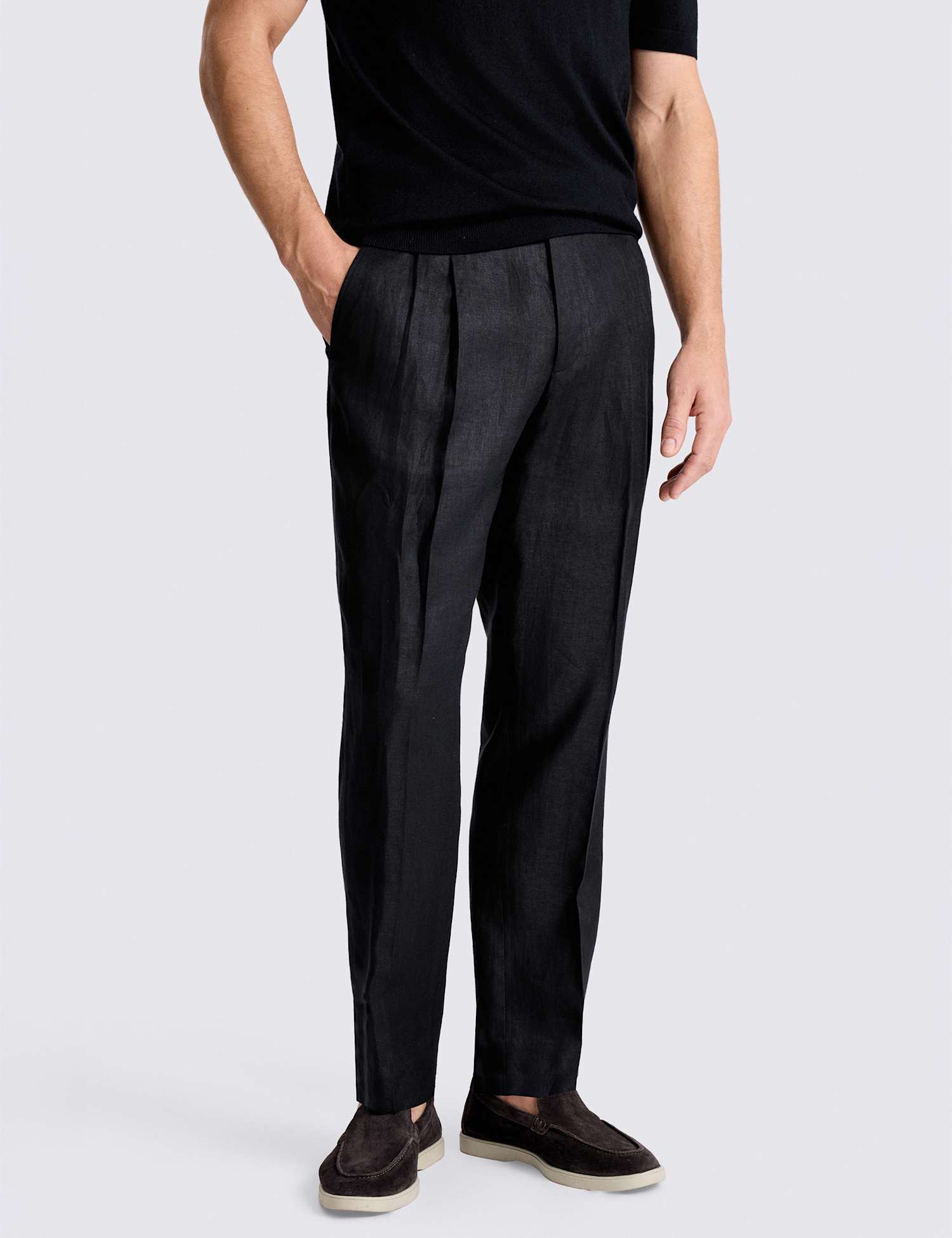 MOSS Tailored Fit Pure Linen Twin Pleat Trousers Black