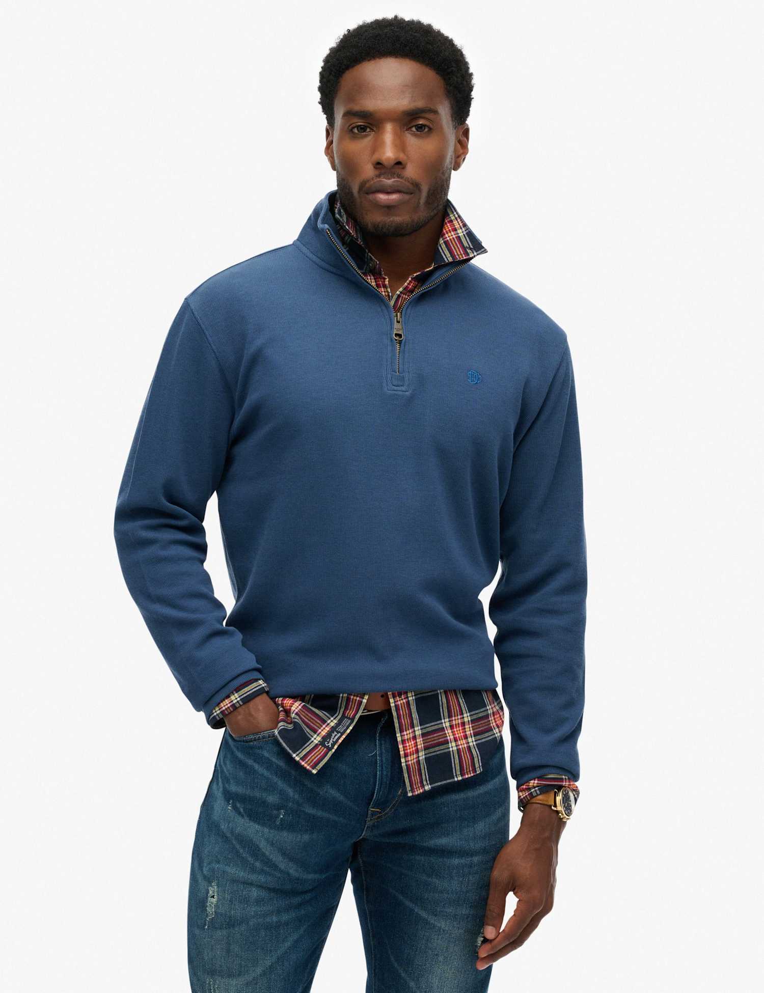 Superdry & Co Pure Cotton Ribbed Half Zip Jumper Blue