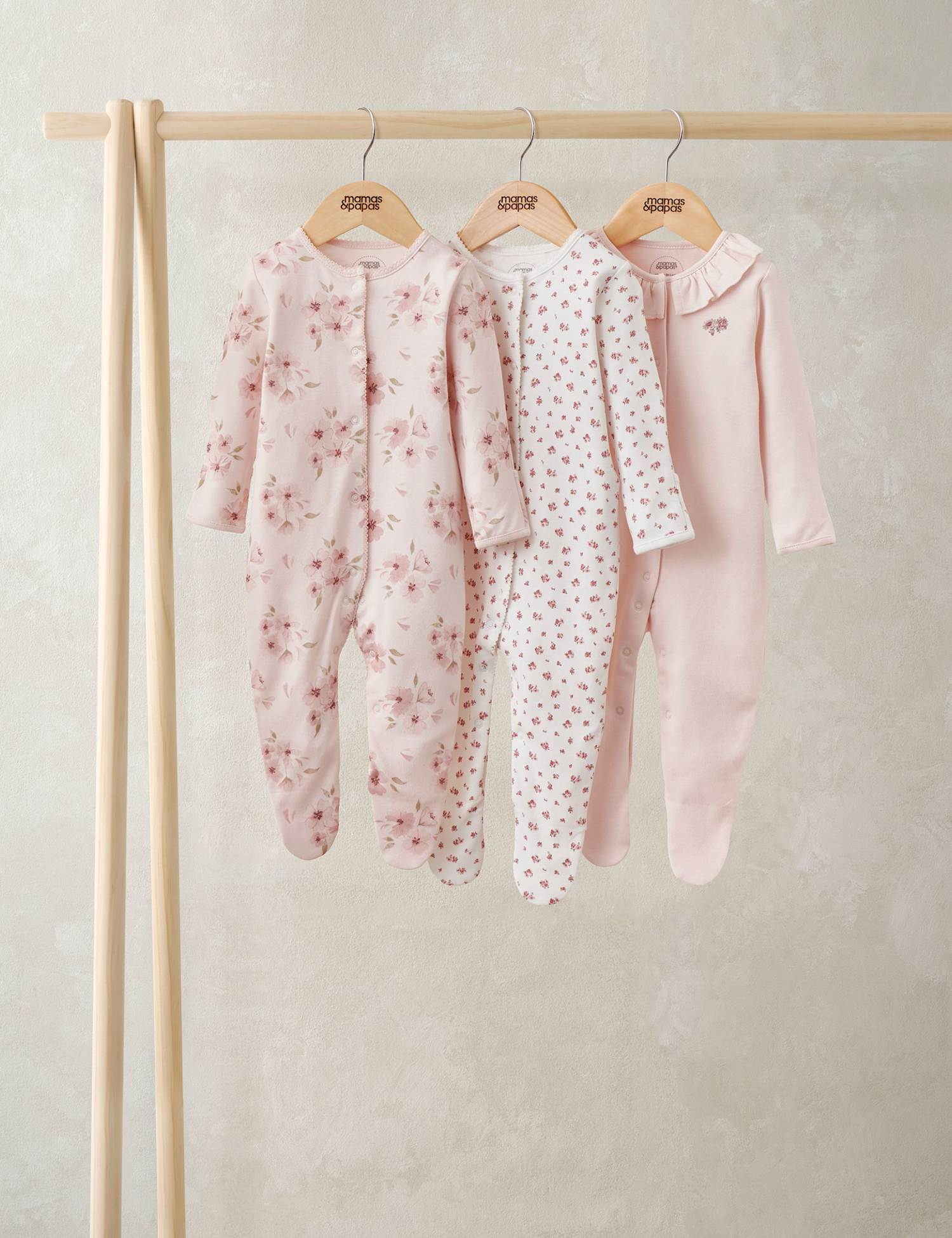 Mamas & Papas 3 Pack Pure Cotton Floral Sleepsuits (0-24 Months) Pink