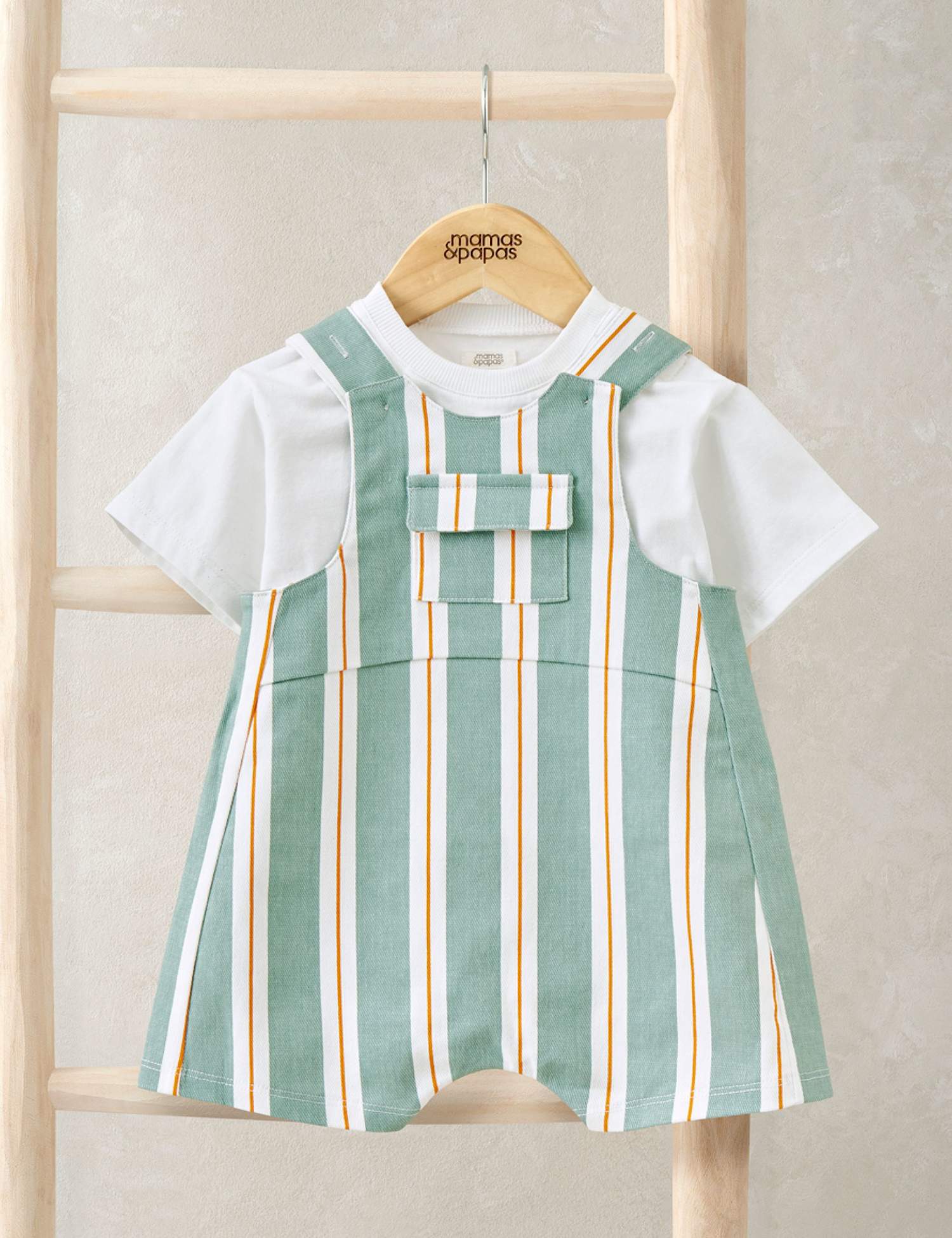 Mamas & Papas 2 Piece Cotton Rich Striped Dungaree Outfit (0-3 Years) Green