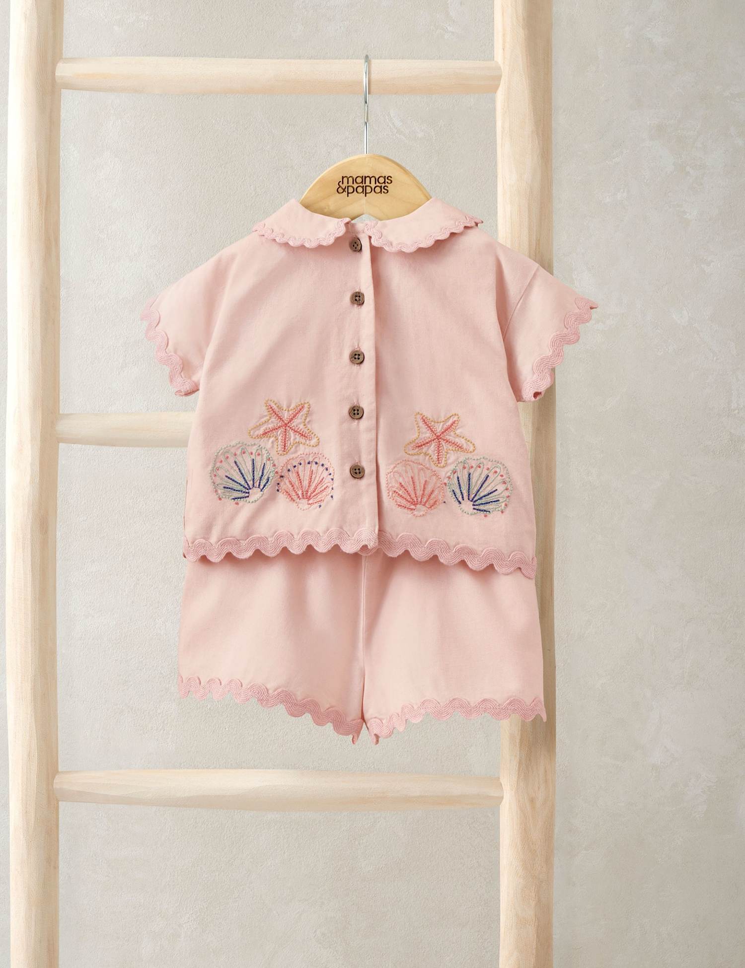 Mamas & Papas 2 Piece Shell Embroidery Top & Bottom Set (0-3 Years) Pink