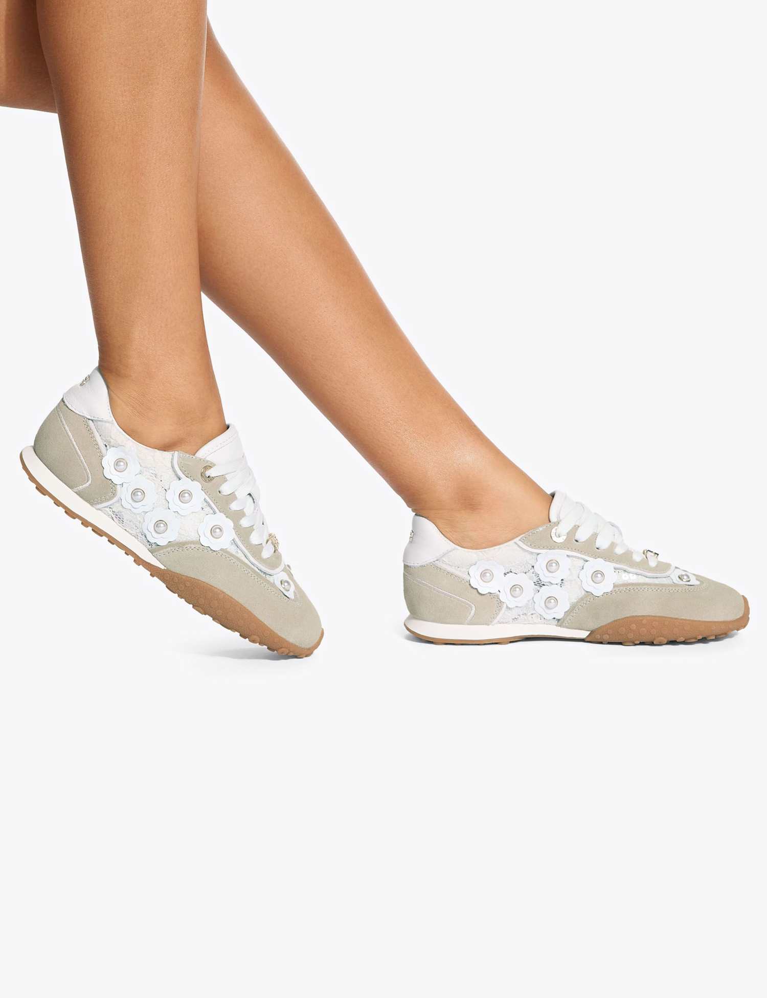 Kurt Geiger Suede Lace Up Floral Trainers White Mix