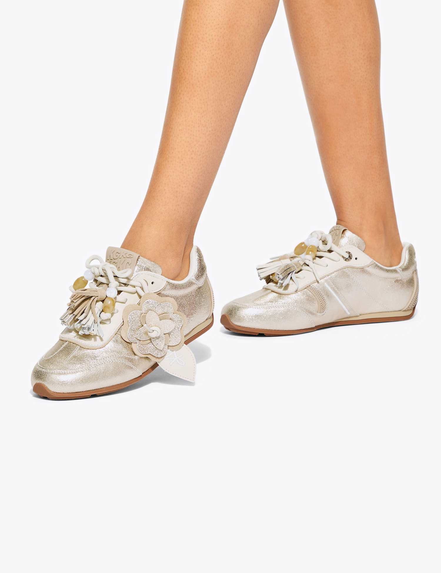 Kurt Geiger Leather Animal Print Tassel Charm Trainers Silver Mix
