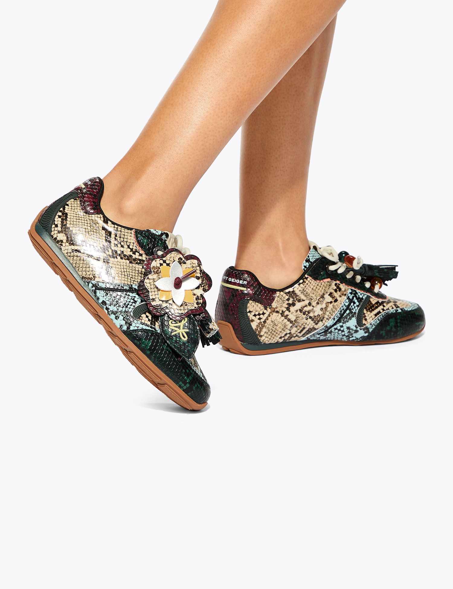 Kurt Geiger Leather Animal Print Tassel Charm Trainers Black Mix