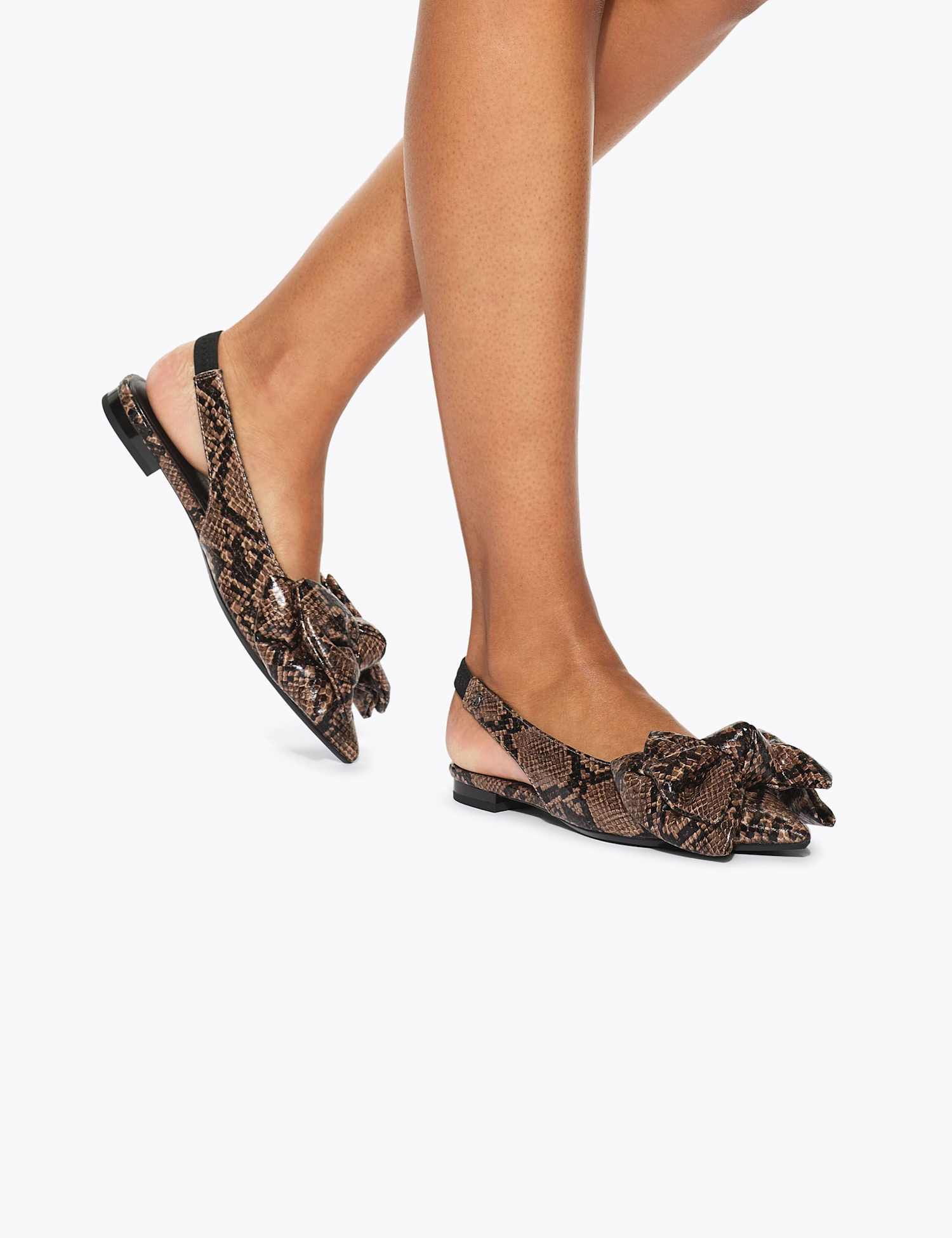 Kurt Geiger Snake Print Bow Flat Pointed Slingbacks Brown Mix