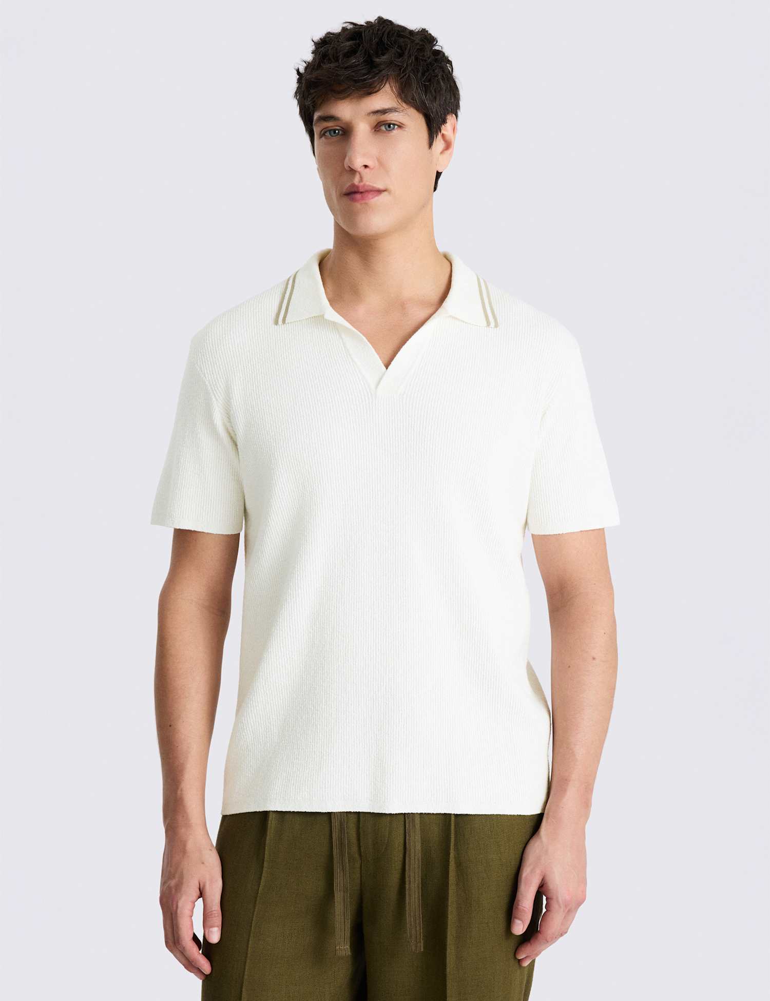 MOSS Cotton Rich Boucl� Knitted Polo Shirt Light Cream