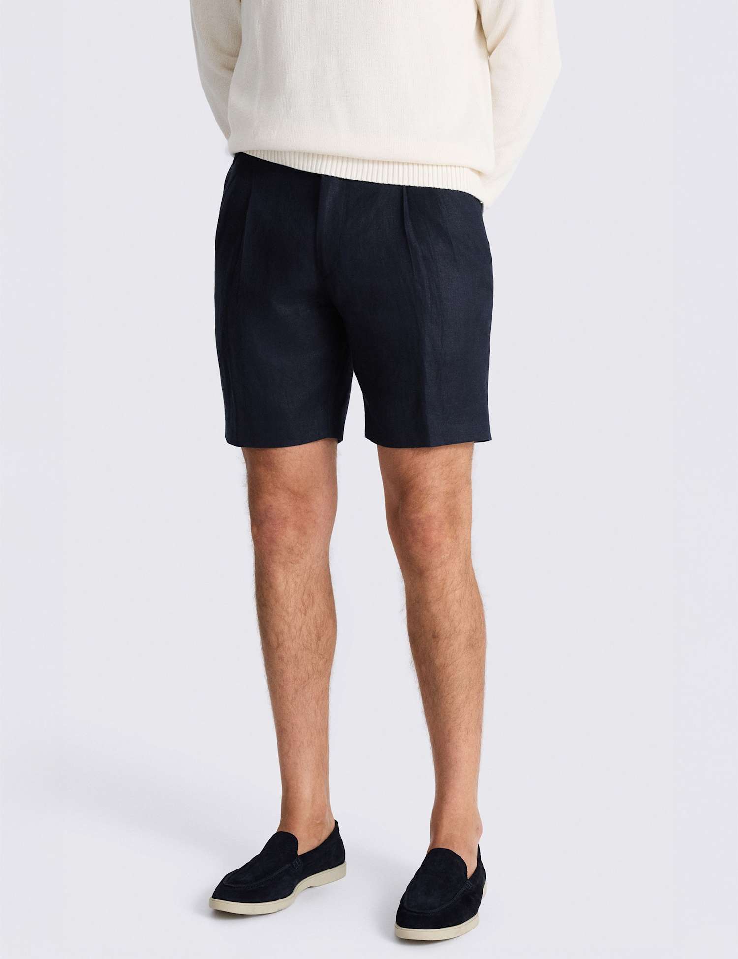 MOSS Linen Rich Twin Pleat Lightweight Shorts Navy