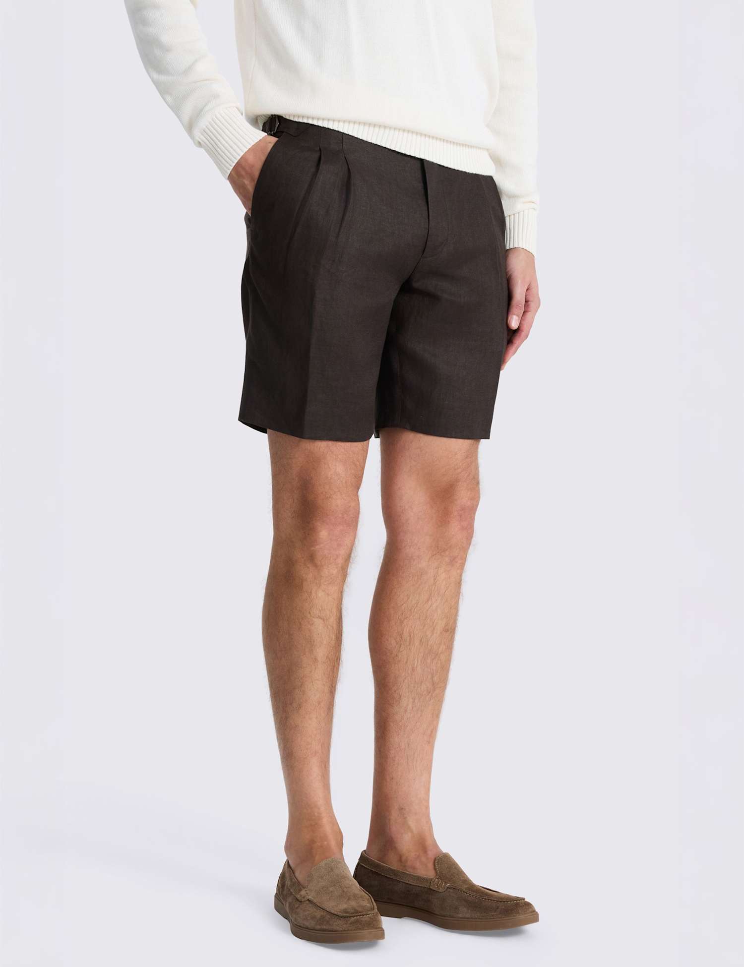 MOSS Linen Rich Twin Pleat Lightweight Shorts Brown