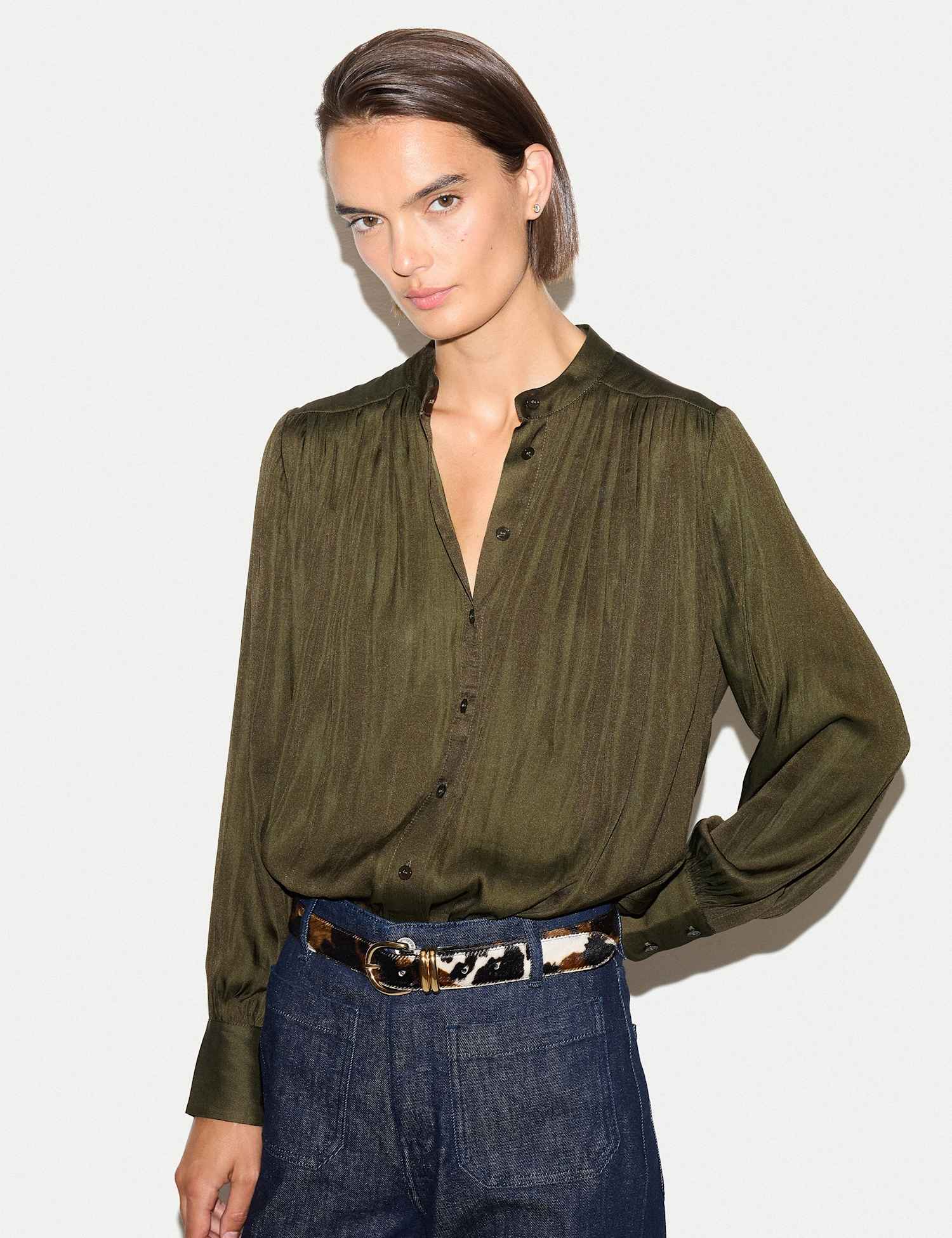 Jigsaw Satin Pleated Collarless Blouse Olive
