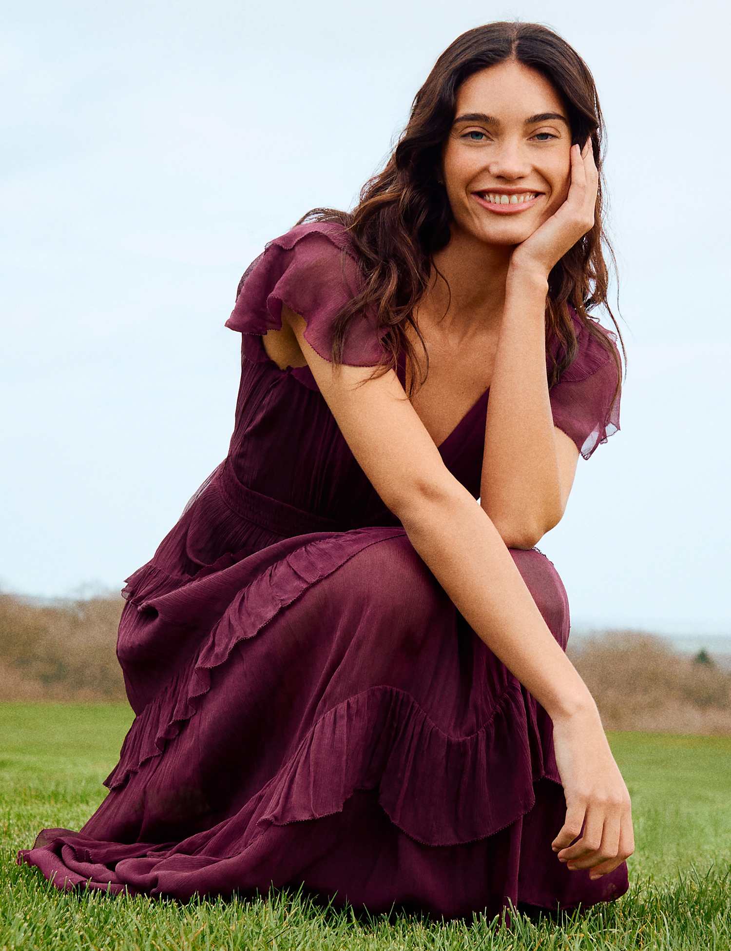 Jigsaw Plisse V-Neck Frill Midaxi Tiered Dress Red