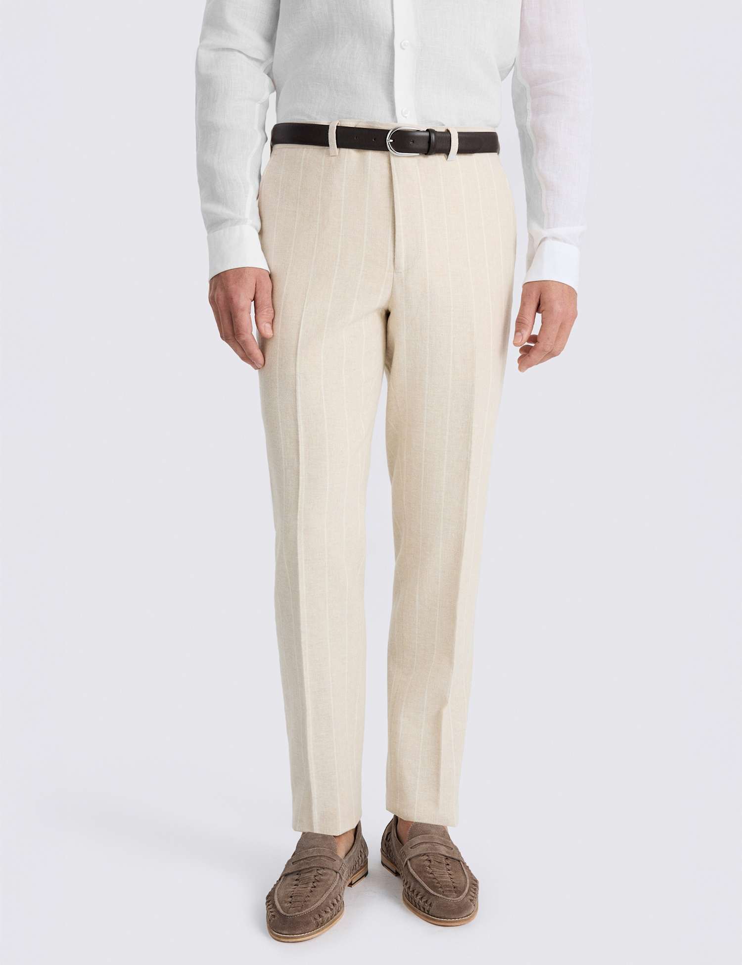 MOSS Slim Fit Pure Linen Striped Trousers Camel