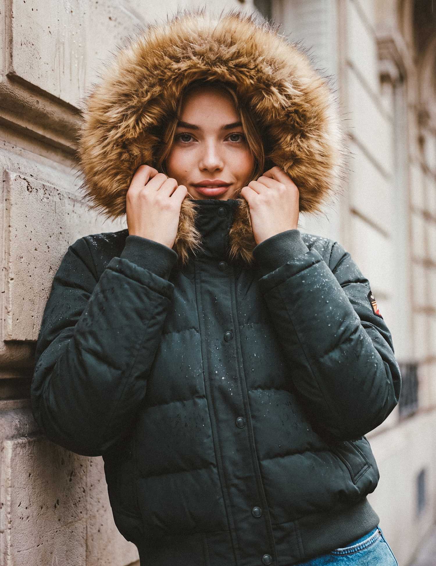 Superdry & Co Faux Fur Trim Padded Hooded Bomber Jacket Green