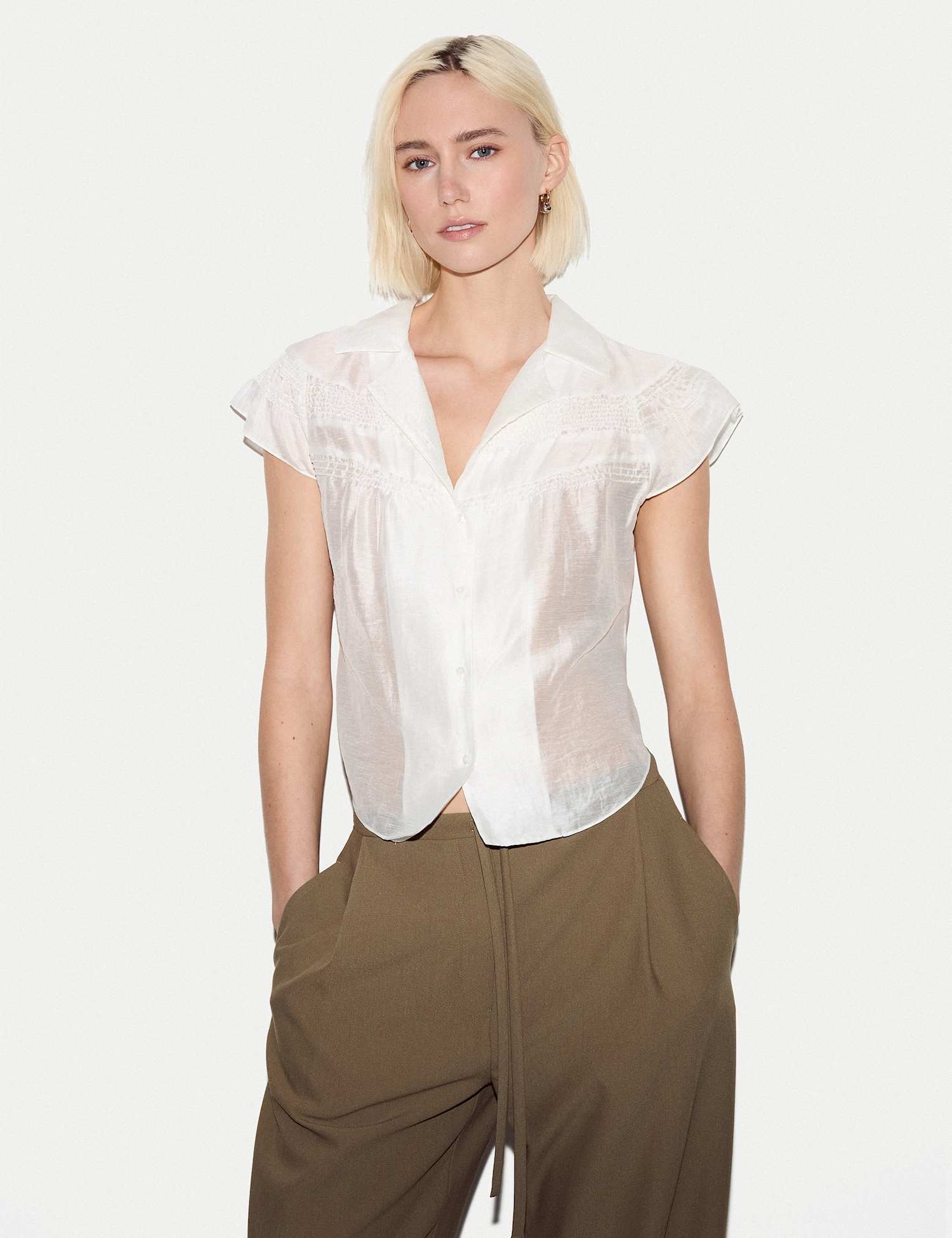 Jigsaw Lyocell Blend Collared Smocked Blouse White