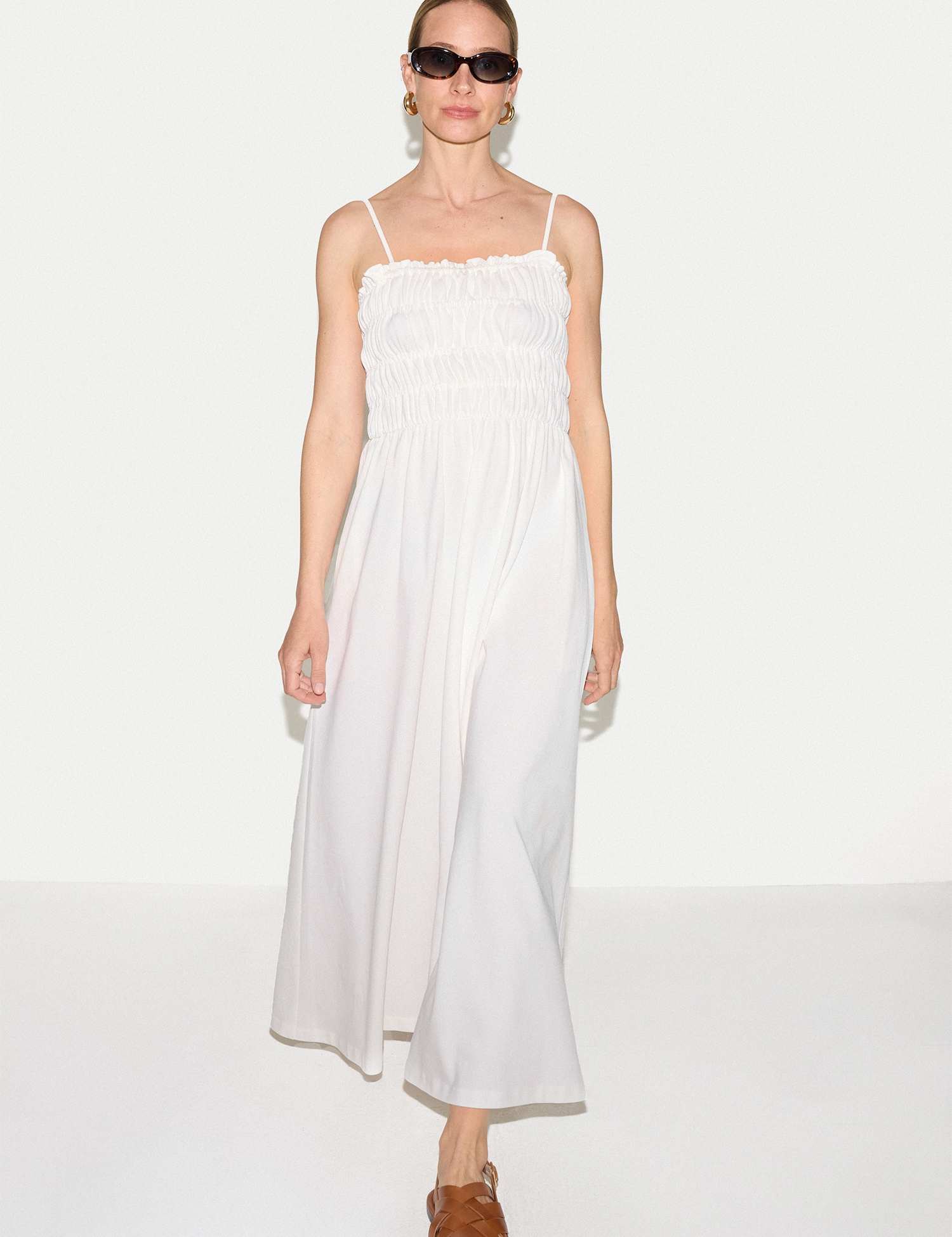 Jigsaw Cotton Rich Pique Strappy Maxi Shirred Dress White