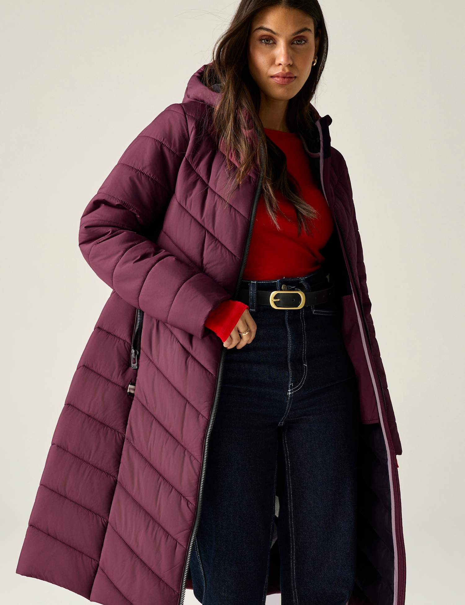 Regatta Adela Quilted Padded Hooded Longline Jacket Burgundy