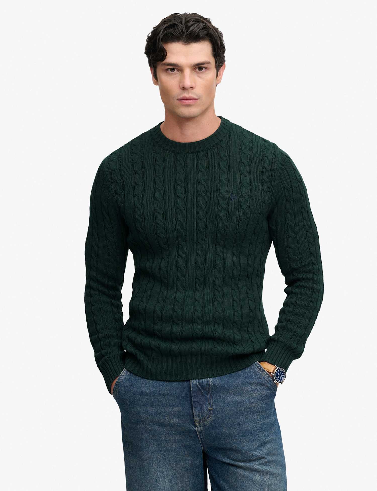 Superdry & Co Pure Cotton Cable Crew Neck Jumper Medium Green