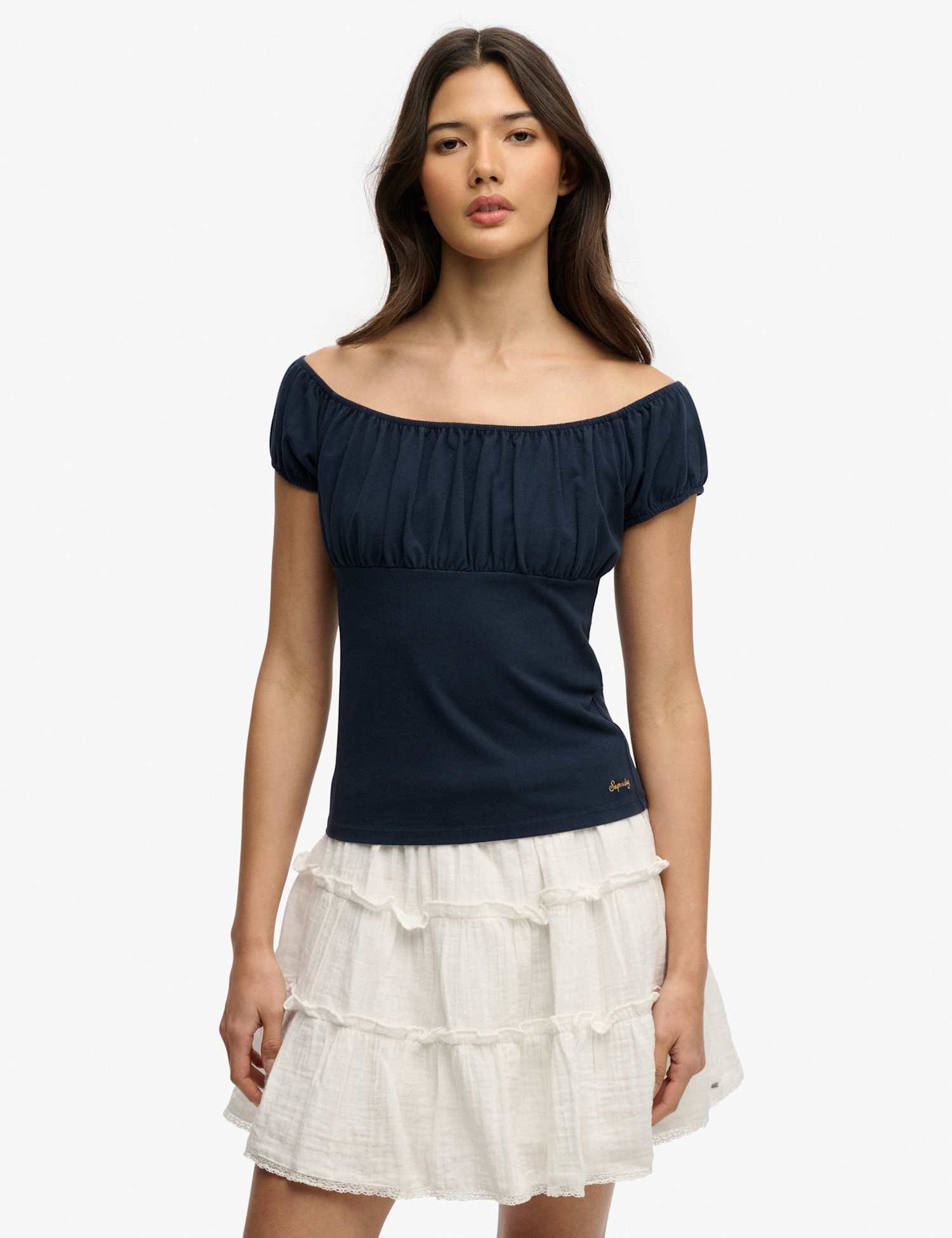 Superdry & Co Pure Cotton Ruched Cap Sleeve Top Navy