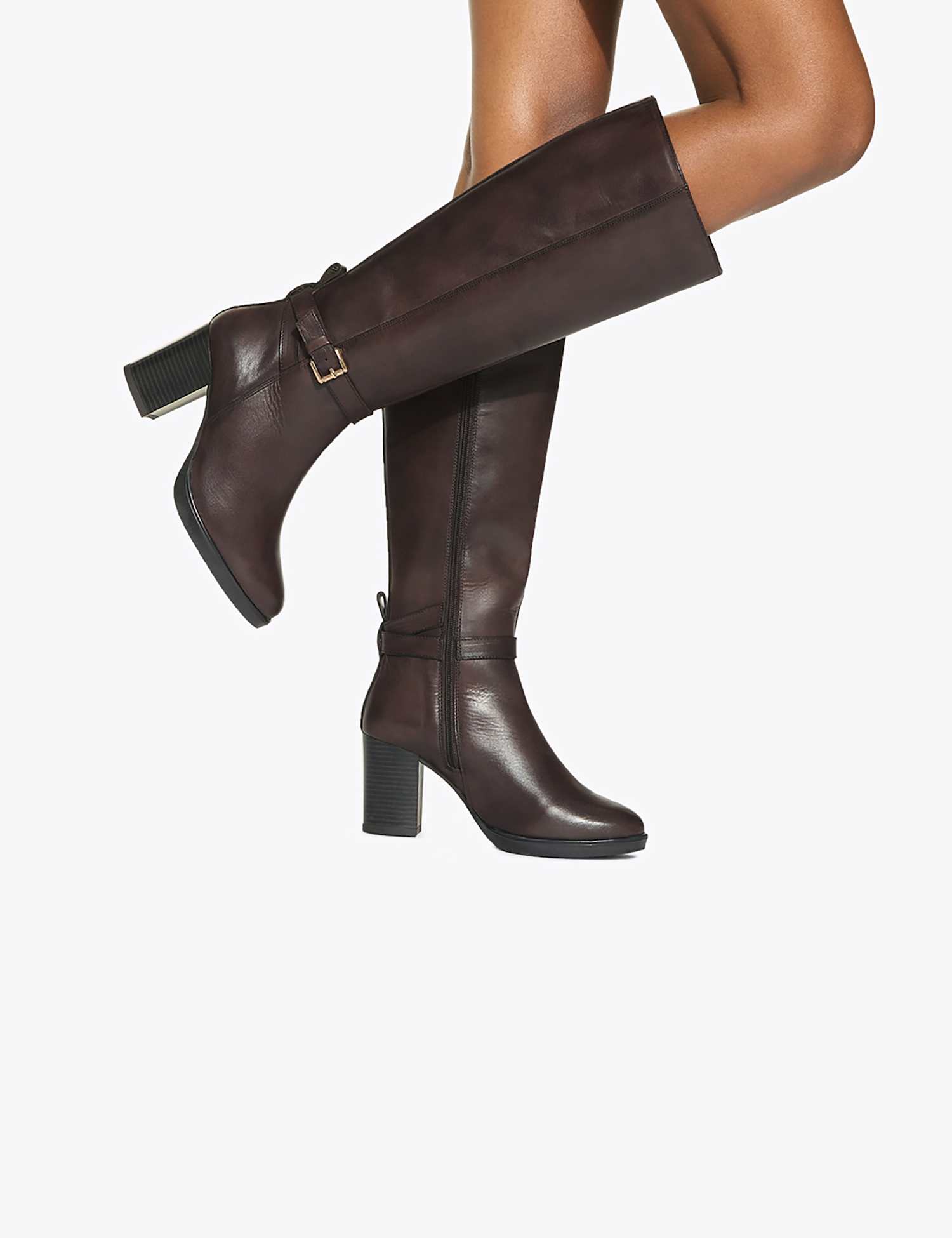 Kurt Geiger Leather Buckle Block Heel Knee High Boots Brown
