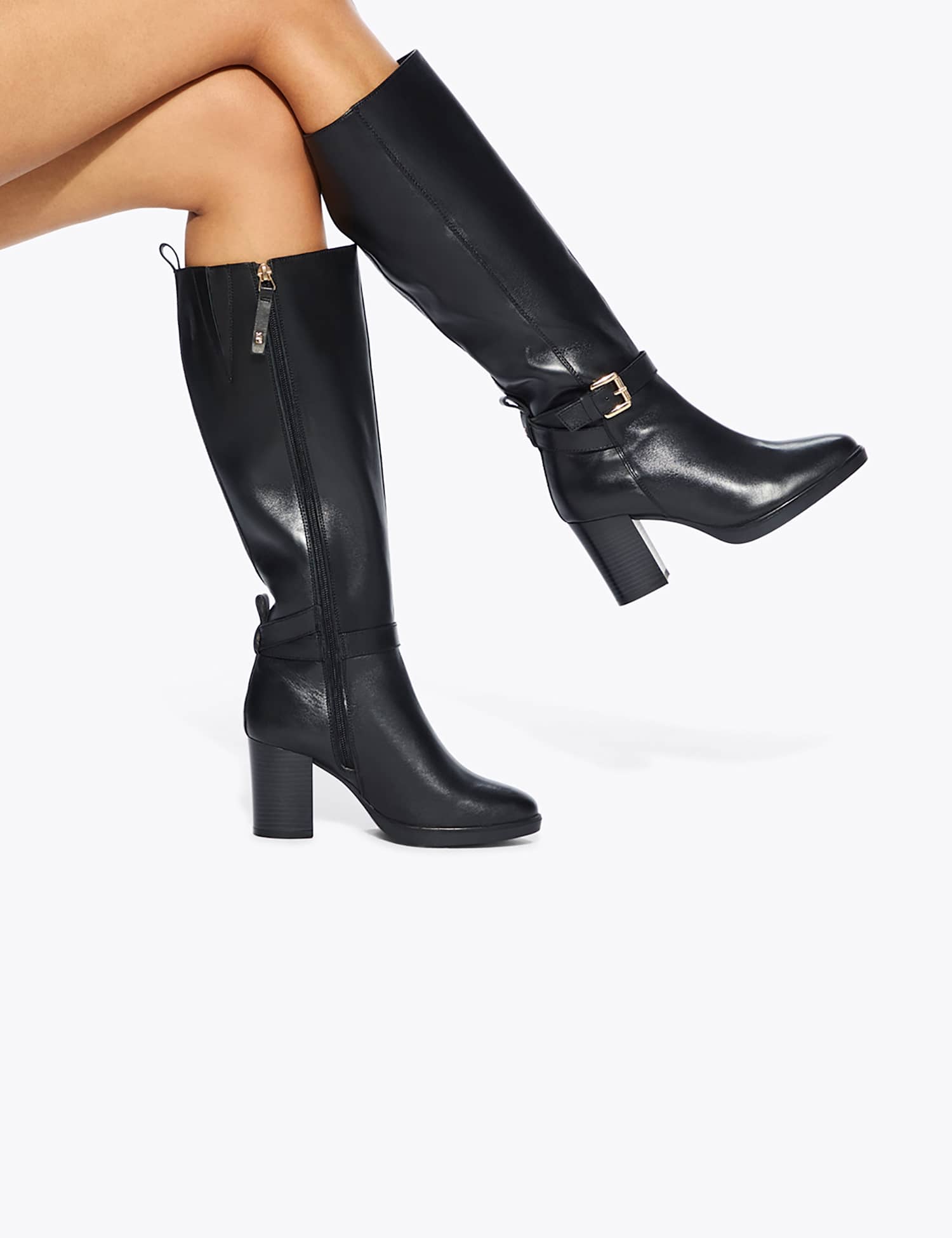 Kurt Geiger Leather Buckle Block Heel Knee High Boots Black