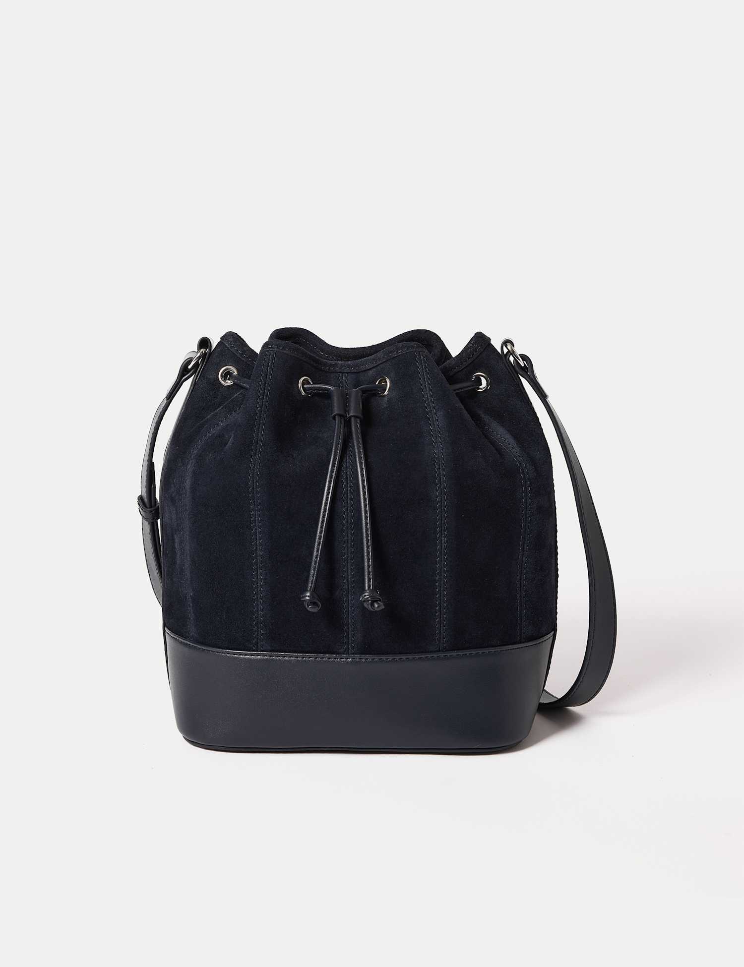 Jigsaw Leather Drawstring Bucket Bag Navy