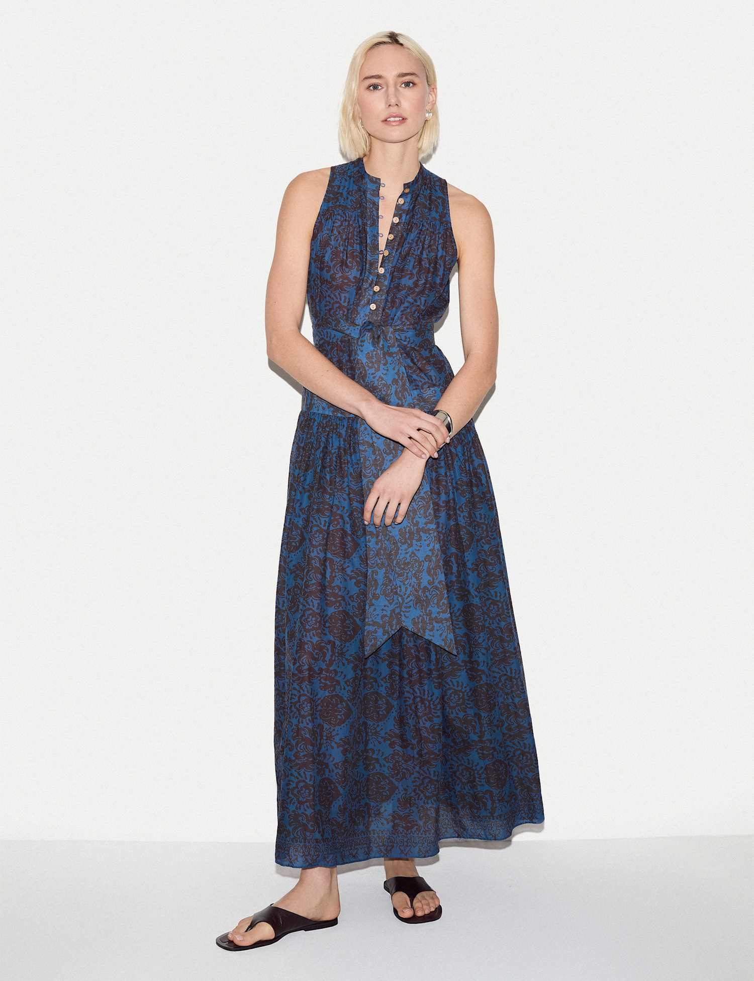 Jigsaw Pure Cotton Floral Notch Neck Midaxi Dress Blue Mix