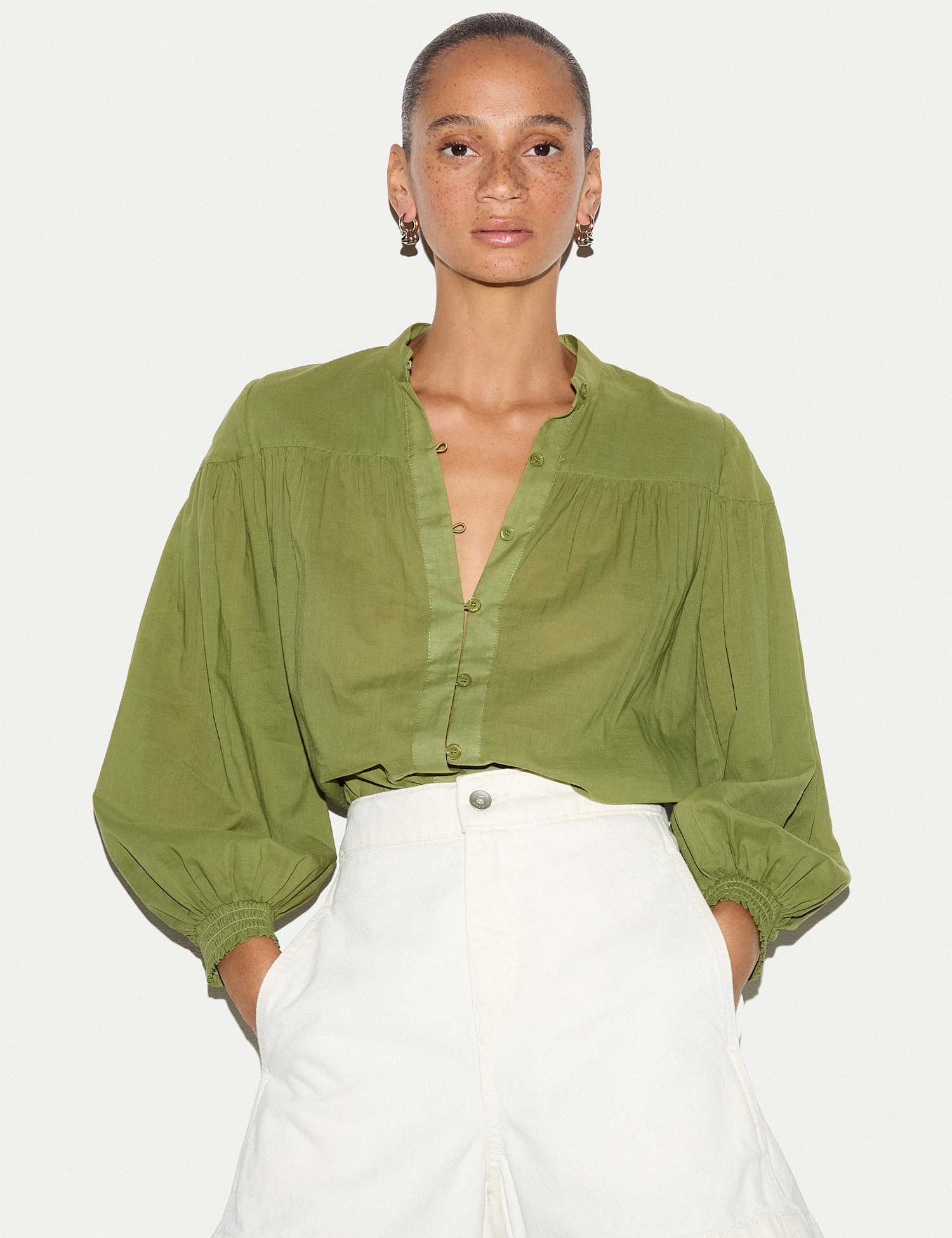 Jigsaw Pure Cotton Balloon Sleeve Top Green