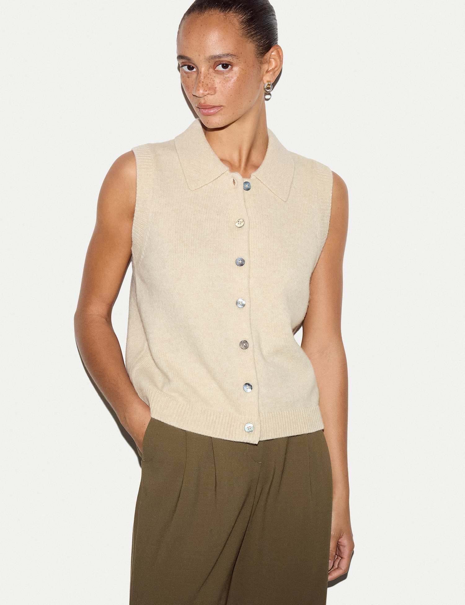 Jigsaw Wool Rich Collared Button Through Vest Cream