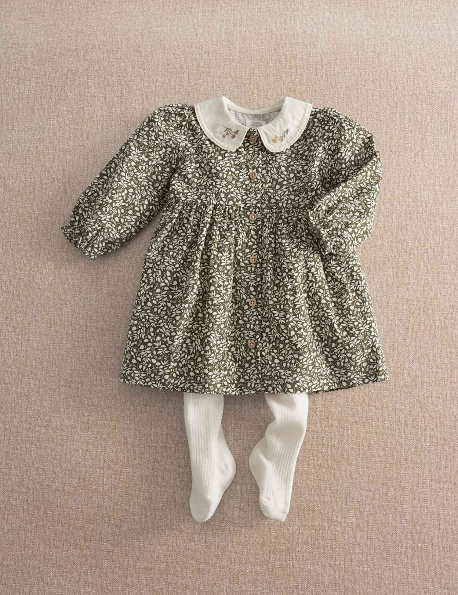 Mamas & Papas Leaf Print Dress And Tights Set Green